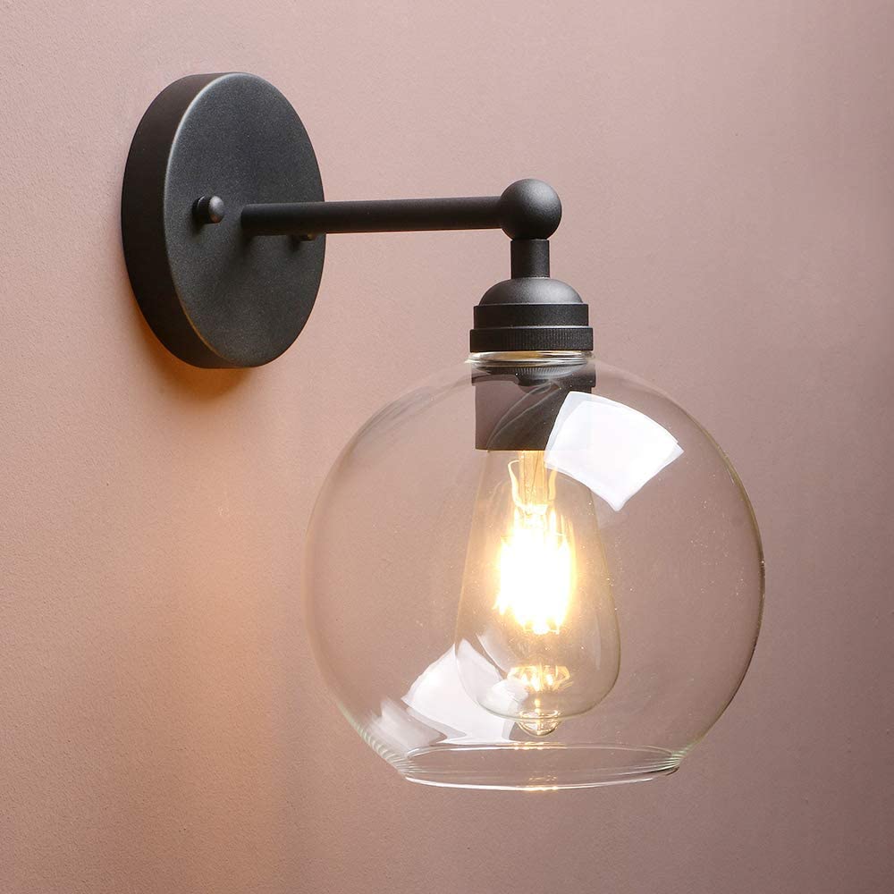 Yosoan Brass Boho Wall Sconce, 1-Light Vintage Industrial Fixture, Glass Metal, Large, Black, Model 13141