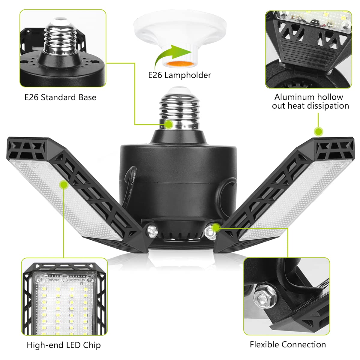 CHAREADA 4 Pack LED Garage Lights, 60W Deformable Ceiling Light, 8000 lm, 3 Adjustable Panels for Warehouse, Workshop, Barn, and Yard