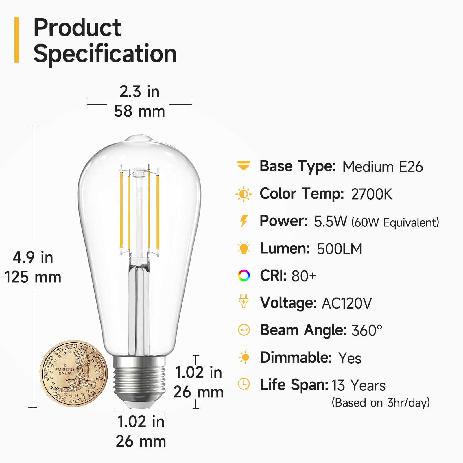 Shinestar 8-Pack Dimmable Vintage Led Edison Bulbs, 5.5W, 60W Equivalent, E26 Medium Base, St58 Antique Led Filament Bulbs, 80+