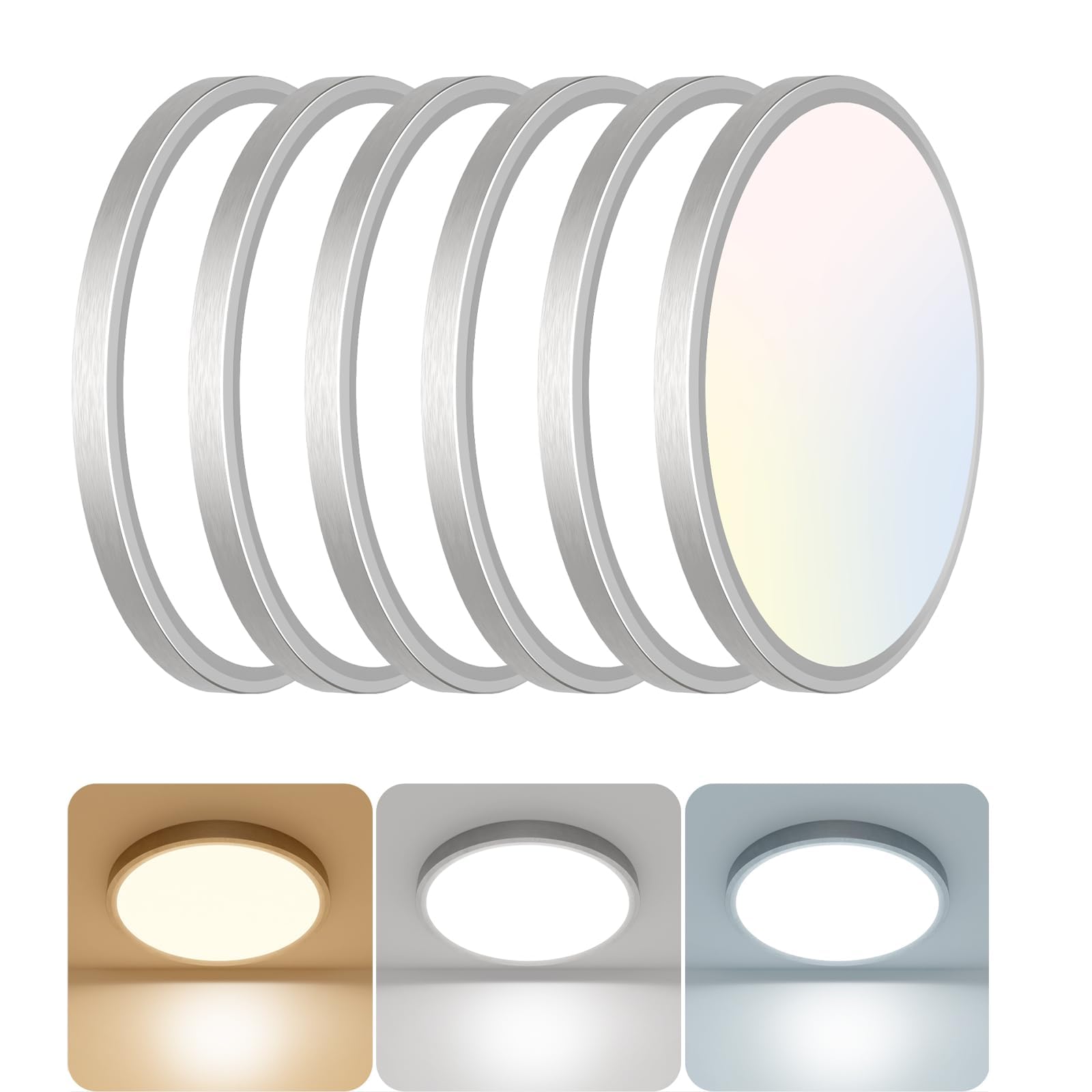 libtit 12 inch Flush Mount LED Ceiling Light, 28W 3200lm, Adjustable 3000K/4000K/6500K, Brushed Nickel, 6 Pack,