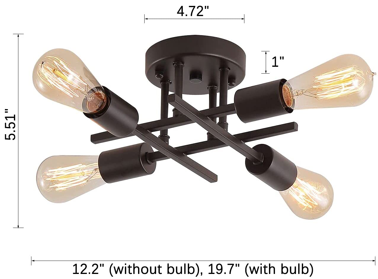 Aihying 4-Light Semi Flush Mount Ceiling Light Fixtures, Black Mid-Century Modern Industrial Farmhouse Metal Chandelier Lighting