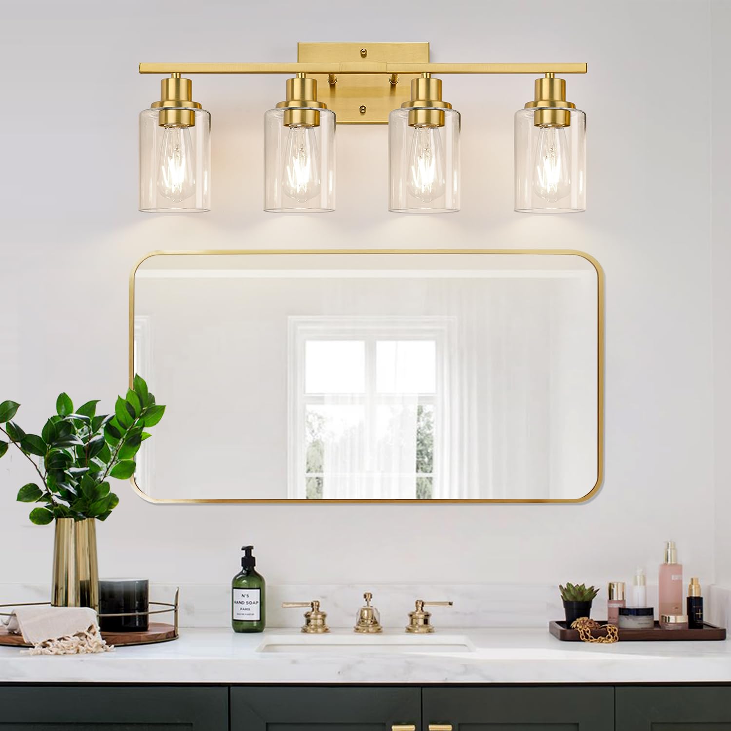 Indoi 4-Light Vanity Lights With Clear Glass Shades, Brushed Gold Bathroom Light Fixtures Over Mirror, Modern Bathroom Wall Lamp