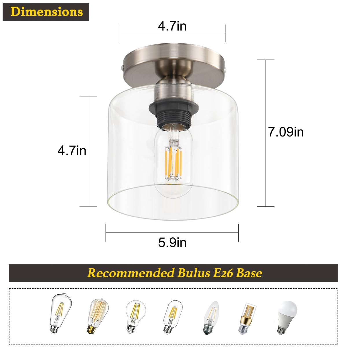 Modern Semi Flush Mount Ceiling Light, Brushed Nickel Rustic Ceiling Light Fixture For Closet, Hallway, Kitchen, Hallway Light F