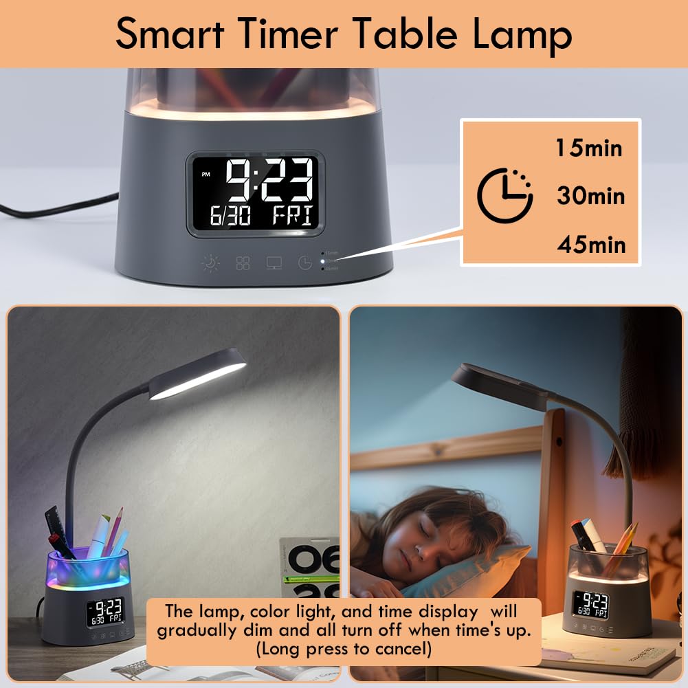 Wilit Led Desk Lamp For College Dorm Room Essentials, Students Study Lamp With Charging Station, Pen Holder, Clock & Rgb Night L