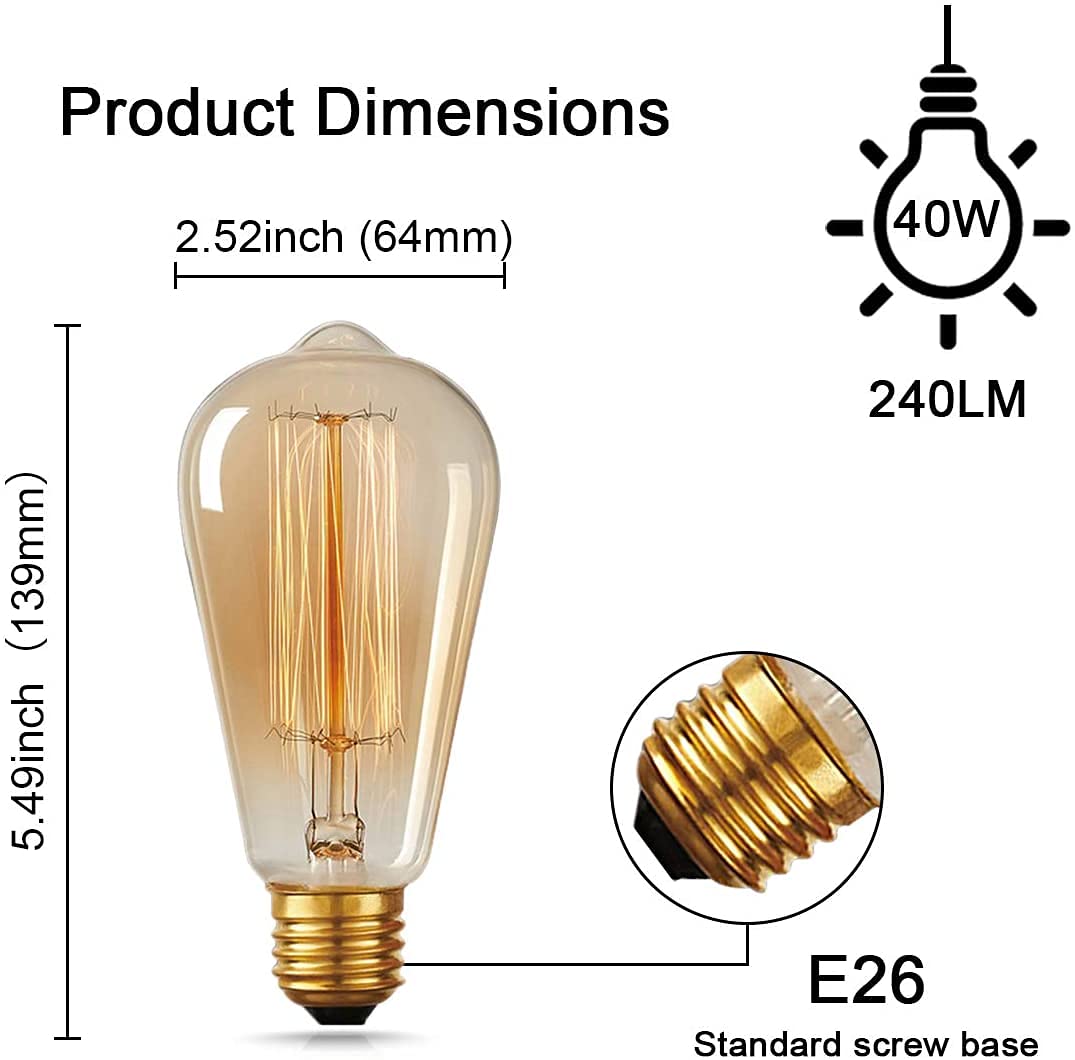 Hession St64 Edison Bulbs, E26 Base 110V-40W 4-Pack 2700K Vintage Light Bulb, Amber Glass Warm Light Dimmable Decorative Bulbs For Livingroom Kitchen Table Light Etc.