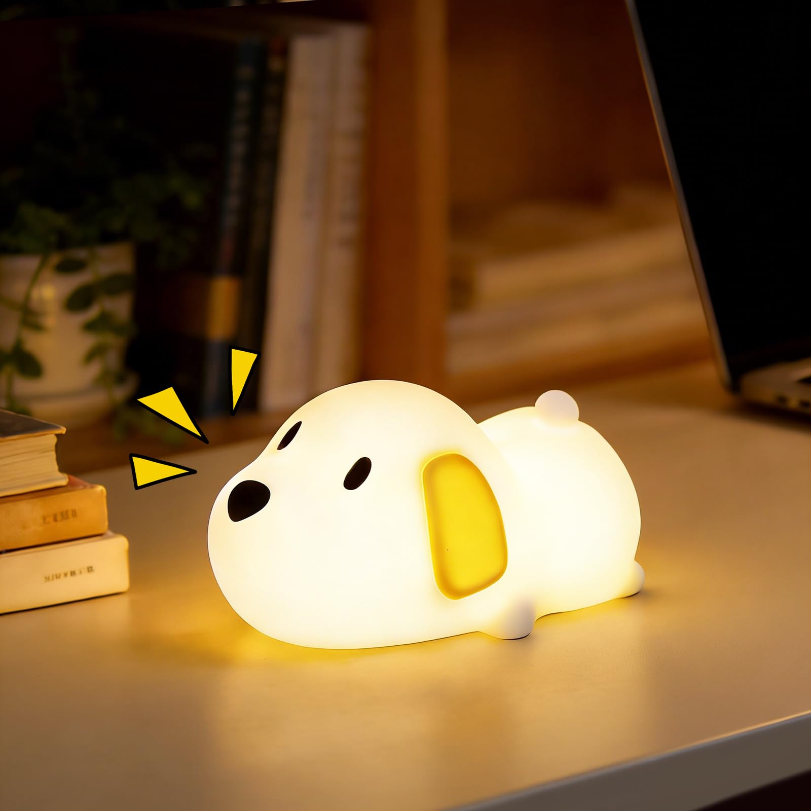 Dog Night Light & Lamp for Kids - Squishy Silicone Lying Puppy, Dimmable and 7 RGB Colors, Switchable Animal Sound, Portable Rec