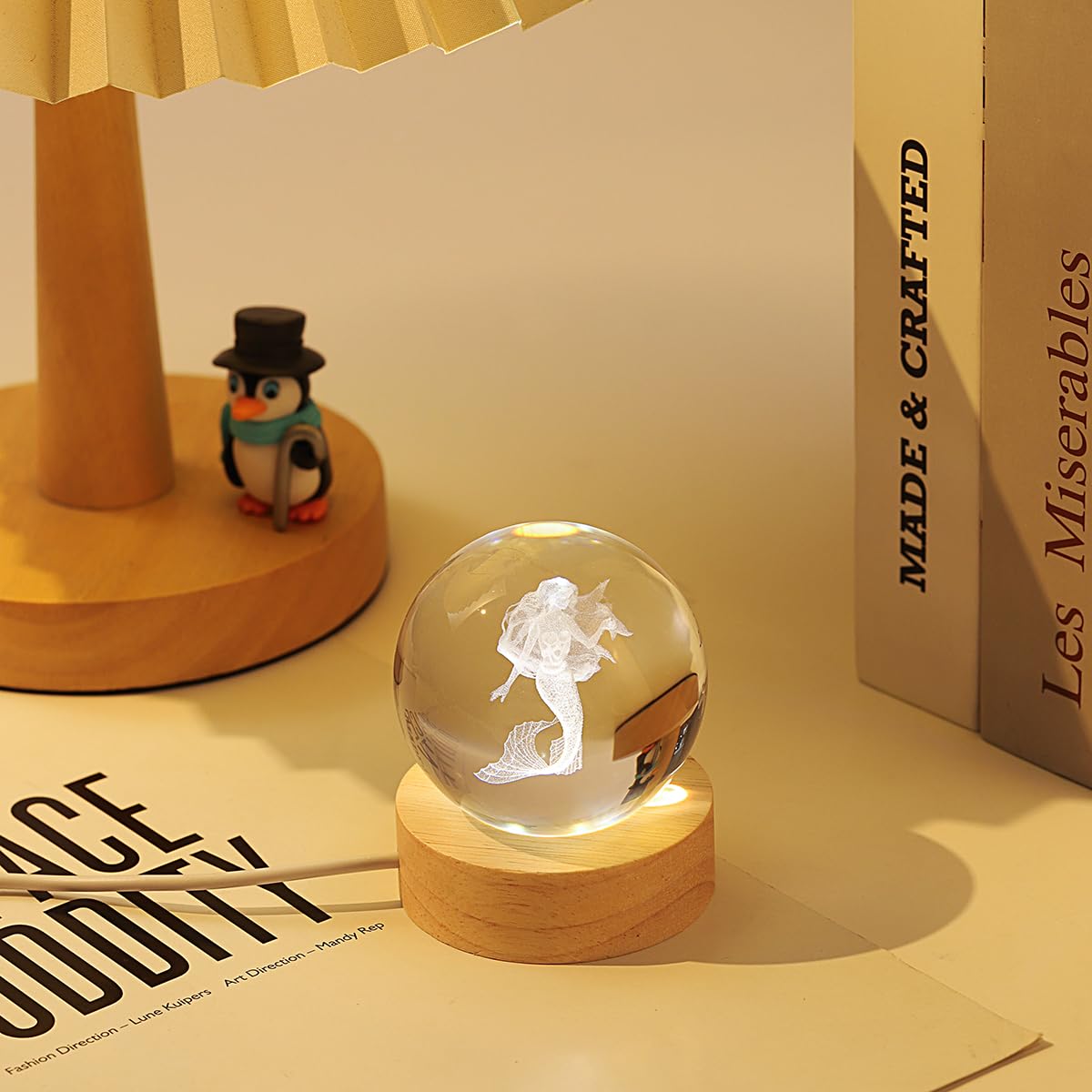 Hochance 3D Mermaid Crystal Ball Lamp With Adjustable Brightness Led Wooden Base Night Light For Kids Teens mature-themeds Birthday Gift Home Desk Office Bedroom Decor (6Cm / 2.4 )