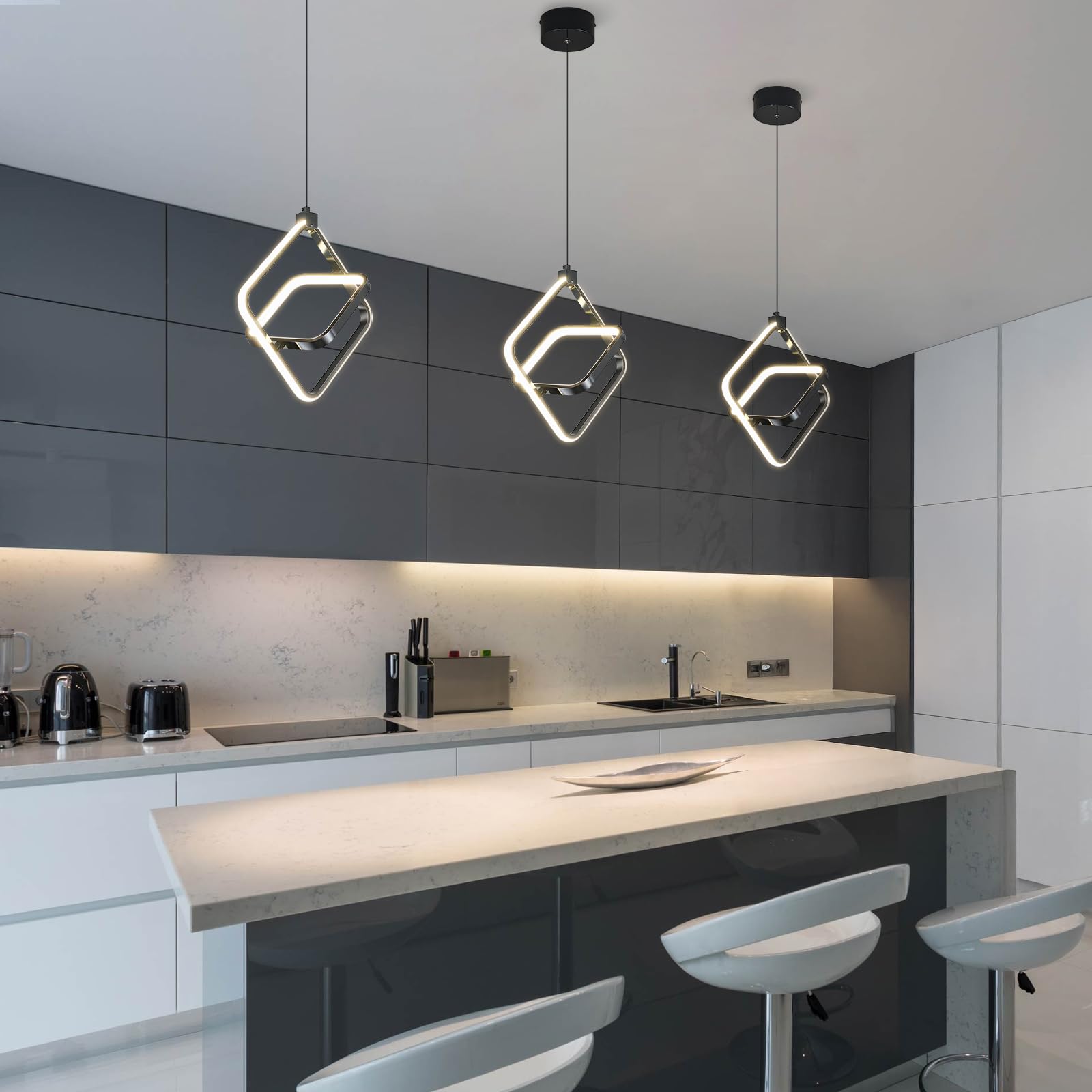 Bnhhlz Modern Led Pendant Lights Plated Black Rectangular Pendant Light Fixtures 4000K 20W Dimmable Pendant Lighting For Dining Room Kitchen Island Bedroom Living Room Foyer(1-Pack)