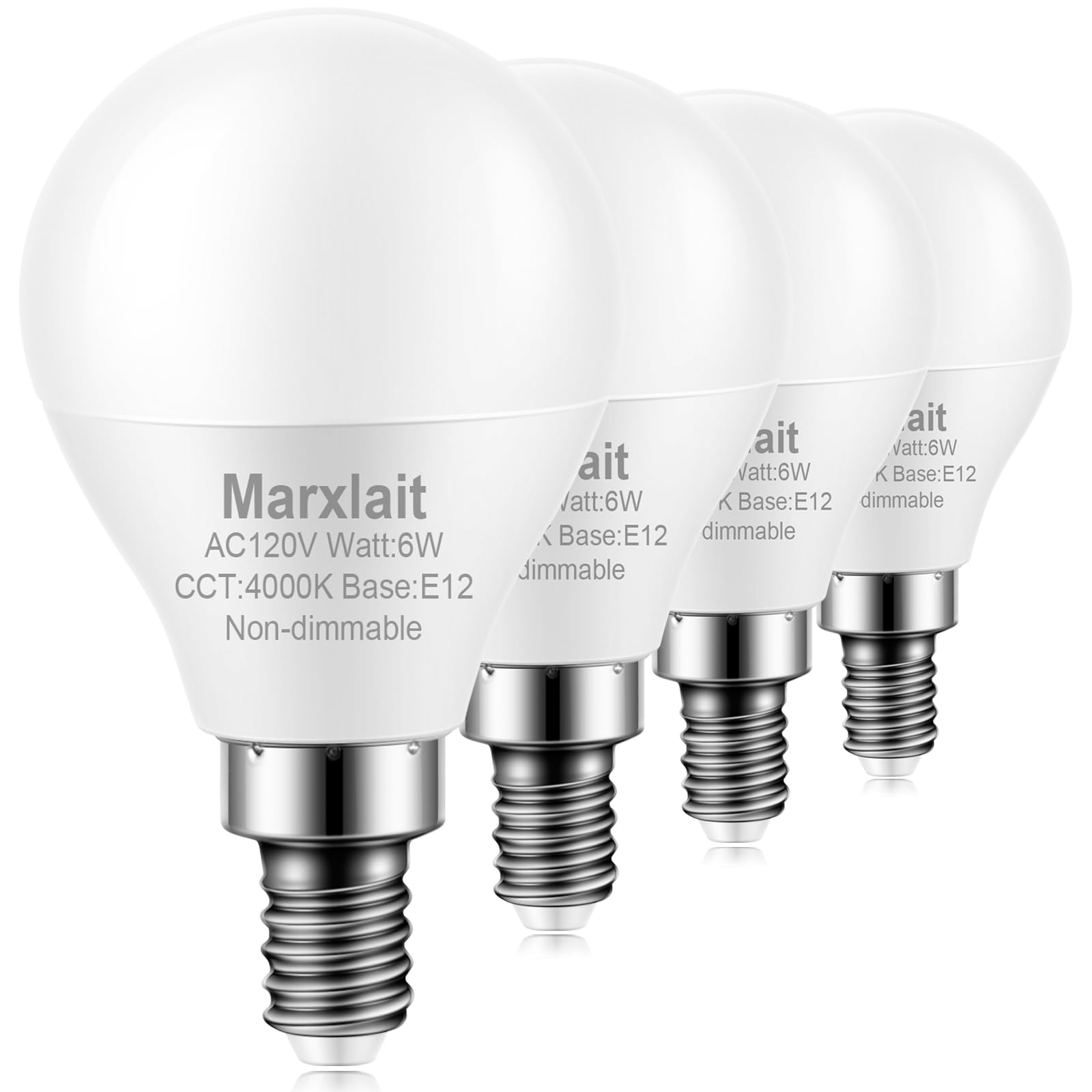 Marxlait 4 Pack E12 Ceiling Fan Light Bulbs, 60W Equivalent, Natural Daylight 4000K, Small Base Led Candelabra Light Bulb, Brigh
