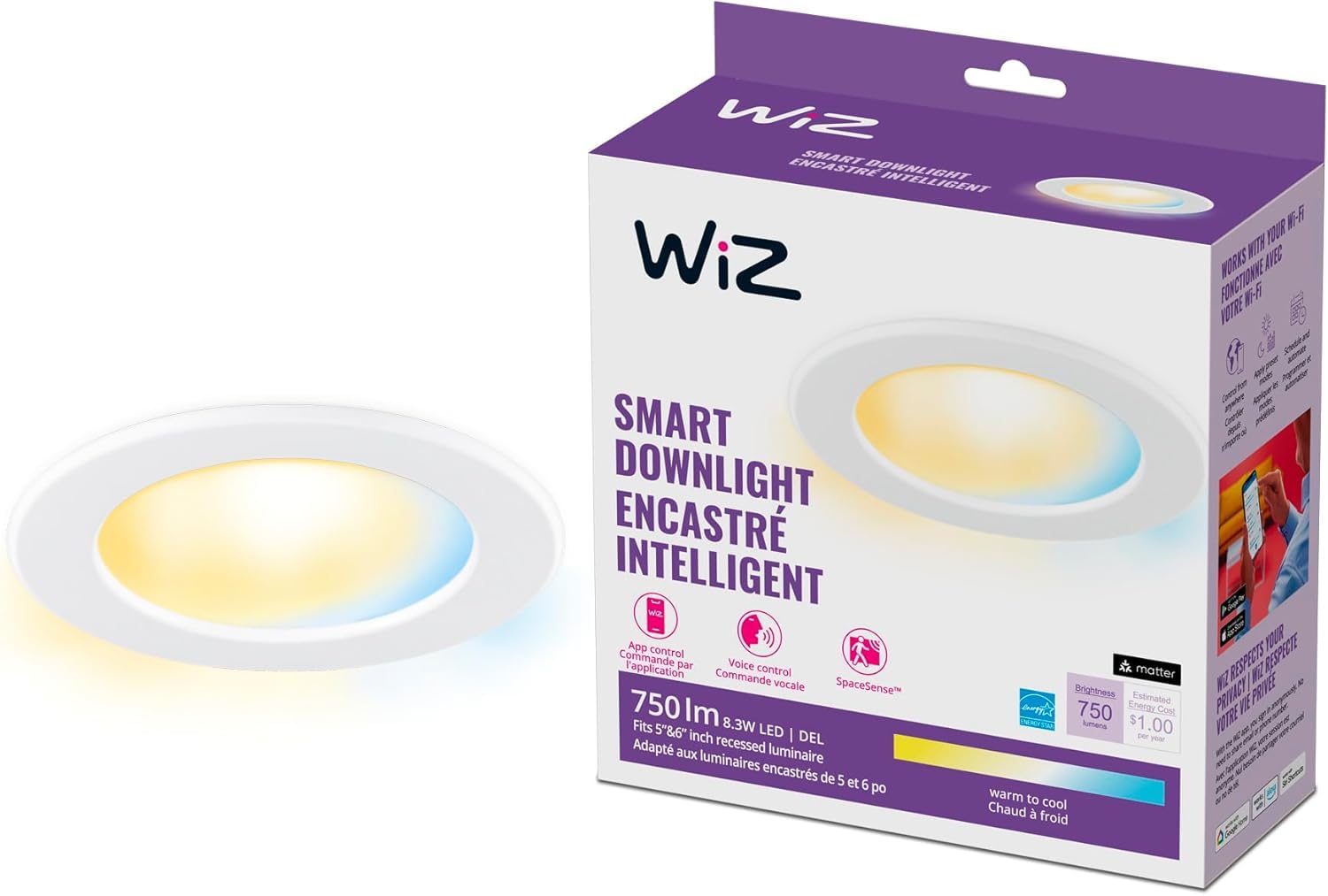 WiZ Connected Retrofit Downlight - 6 inch LED Recessed Light Fixture - Motion Activated Recessed Light - 750 Lumen - Connects to