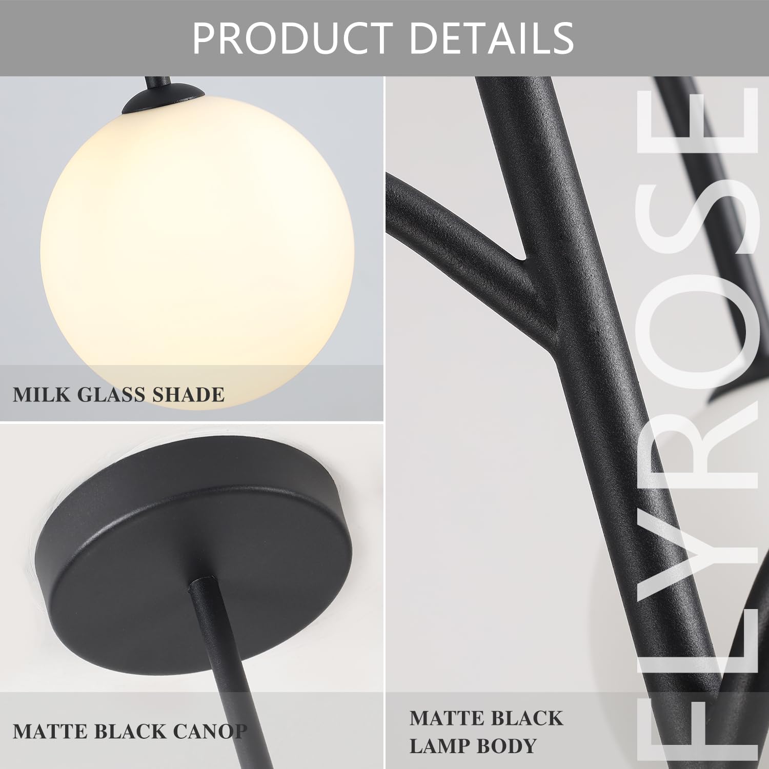 Flyrose 3-Light Milk Glass Chandelier, Black Globe Pendant, Vintage Farmhouse Light Fixture, Model FP2076-BW, White Frosted Glass