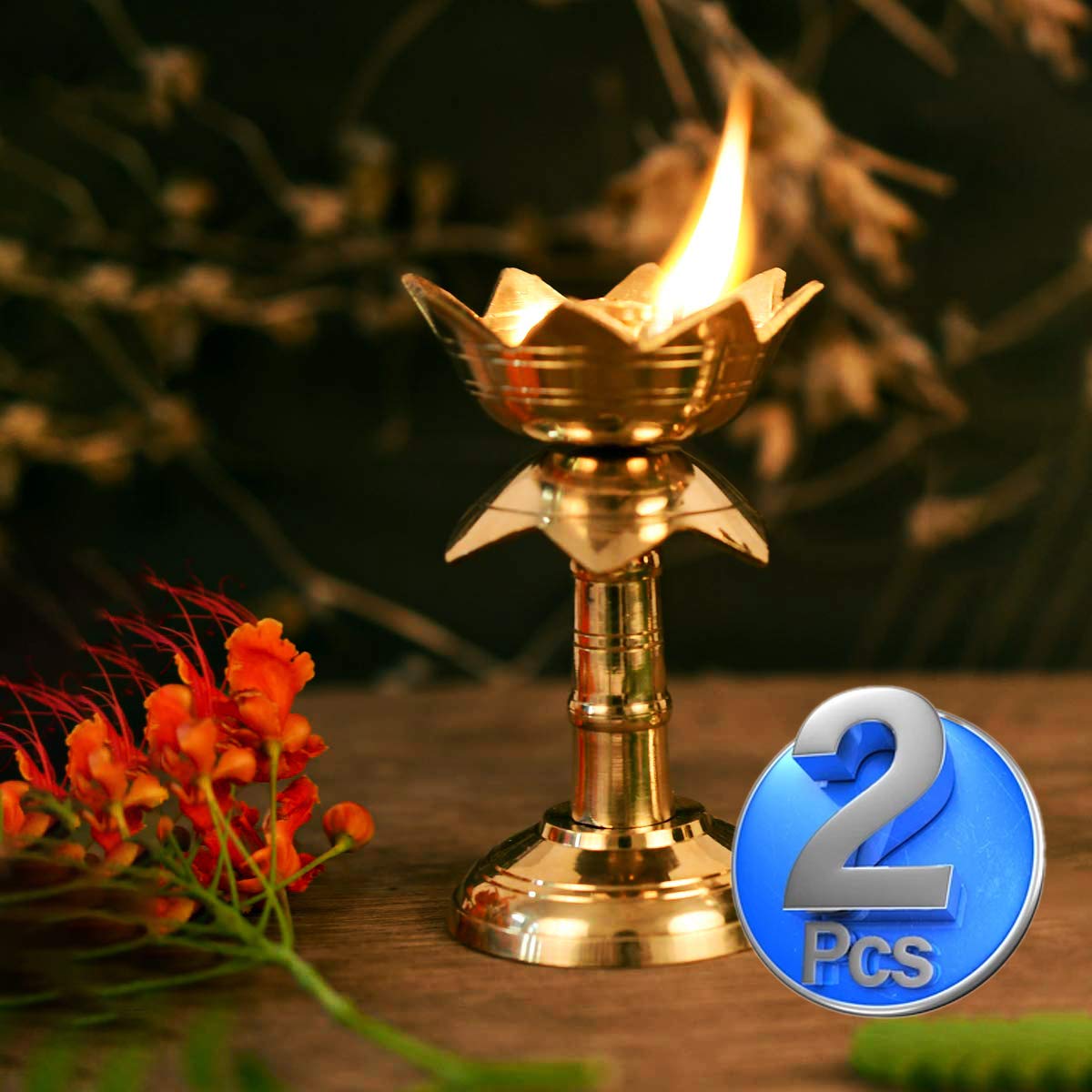 Shri Anand Set of 2 Pure Brass Diya for Puja Temaple Decoration, Lotus Shape Pillar Diya Stand Oil Lamp for Home Mandir Pooja Ar