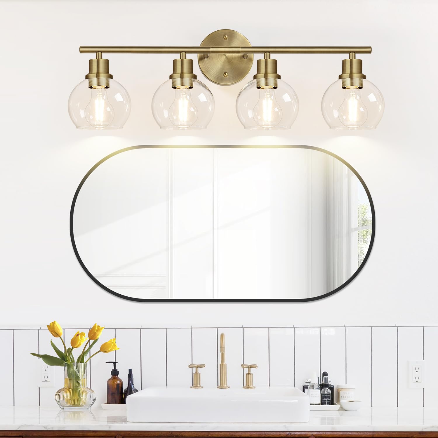 2024 Upgrade 4-Light Bathroom Light Fixtures, Brushed Brass Bathroom Lights Over Mirror With Clear Glass Globe Shade, Vanity Lig