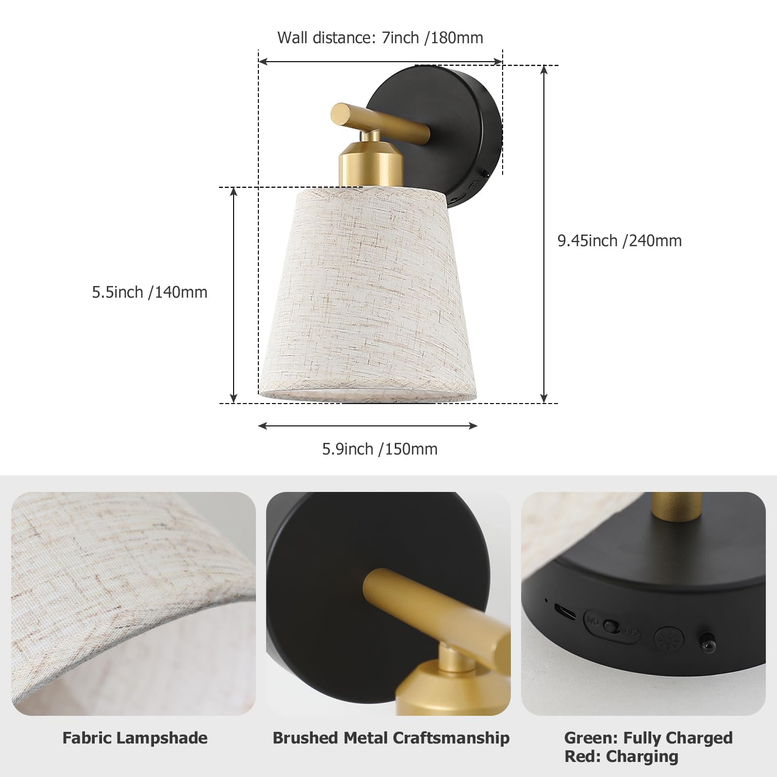 Joosenlux Battery Operated Wall Sconce Set Of 2 With Fabric Shade - Rechargeable Cordless Wall Lamps  Remote Control  Dimmable Led  Black And Gold  Modern Decorative Accent Light