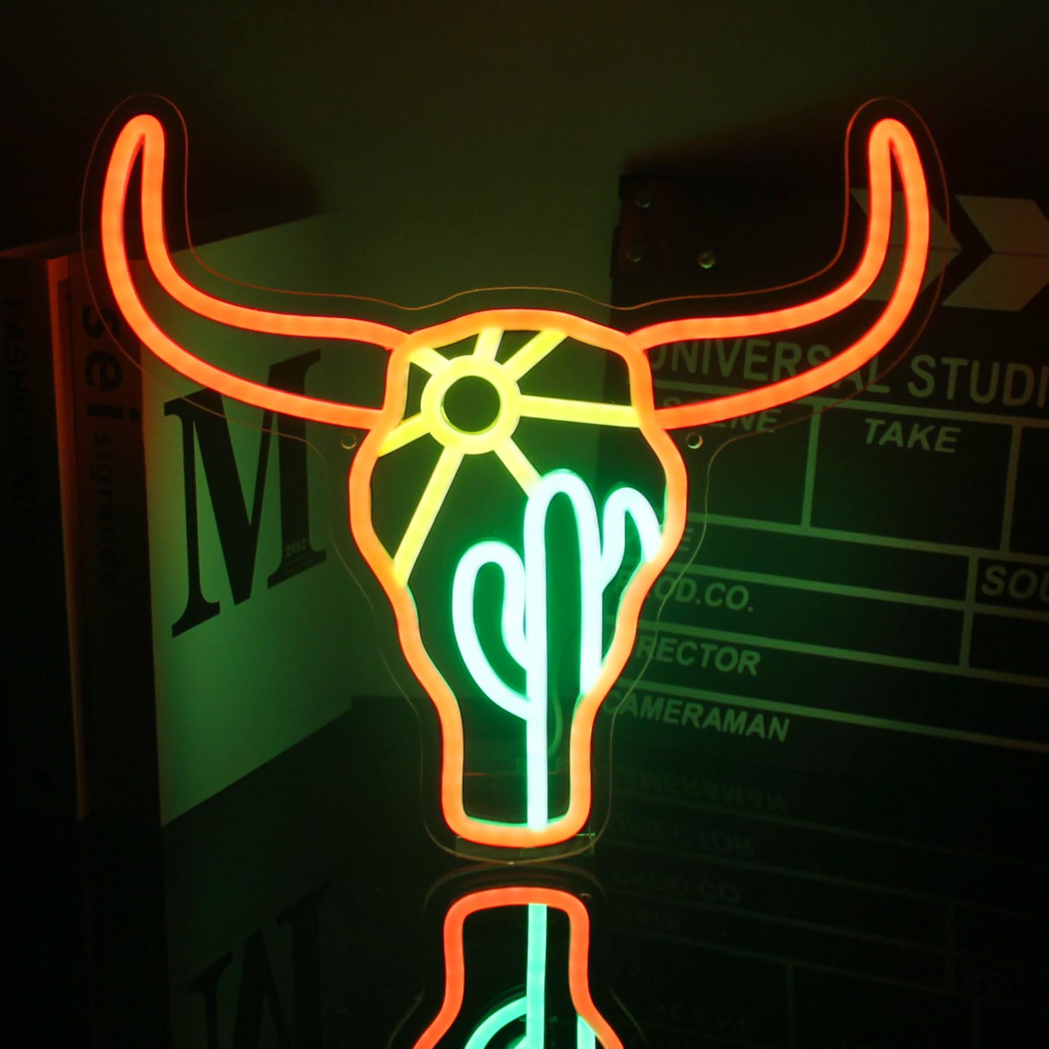 Bull Cactus Sun Neon Sign Texas Longhorn Bull Neon Lights for Bedroom Western Landscape LED Sign Cow Head Neon Lights Signs Oran
