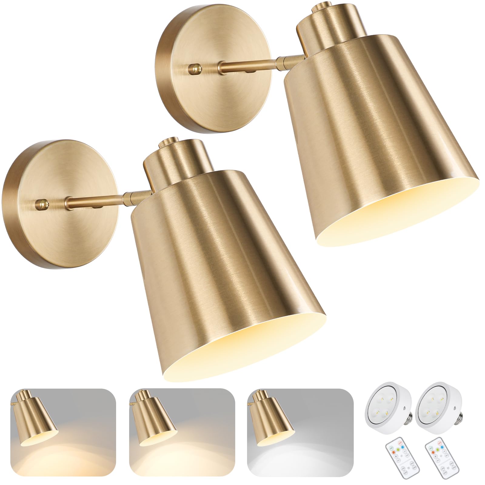 Battery Operated Wall Sconces Set Of 2, Dimmable Led Wall Lights With Remote Control, Indoor Sconce Wall Lighting 3000K/4000K/6000K Adjustable Gold Wall Mounted Lamps For Bedroom Living Room Hallway