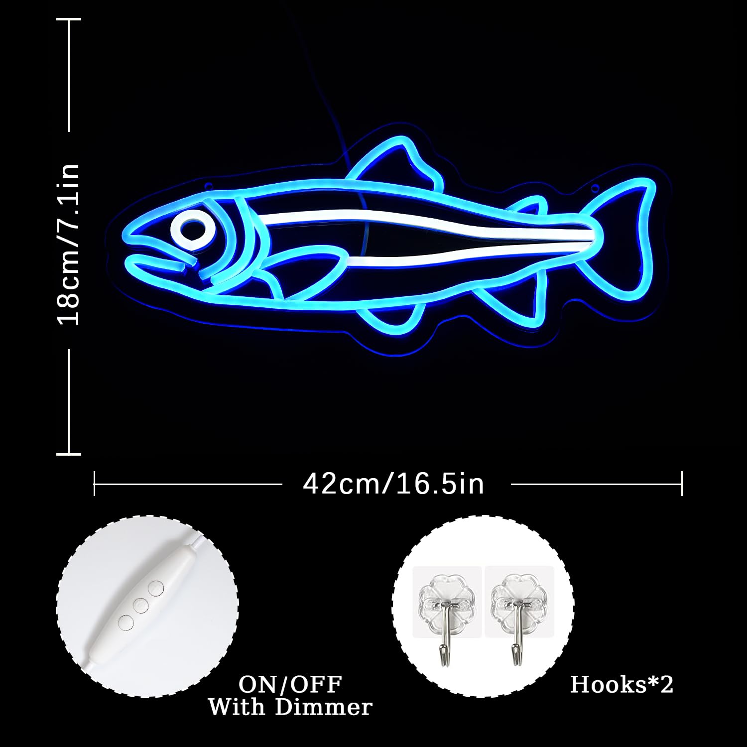 Xixkilly Neon Sign - Blue Salmon Fish Wall Art - Dimmable LED, 16.5"x7", Acrylic Decor for Bedroom, Bar, Office, Kitchen