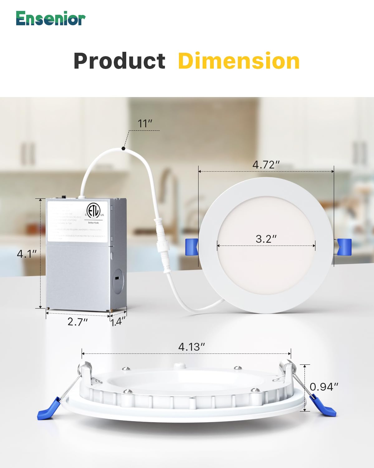 Ensenior 4 Inch Ultra-Thin LED Recessed Light, 9W Dimmable, 2700K-6000K Selectable, ETL Certified, Metal Construction