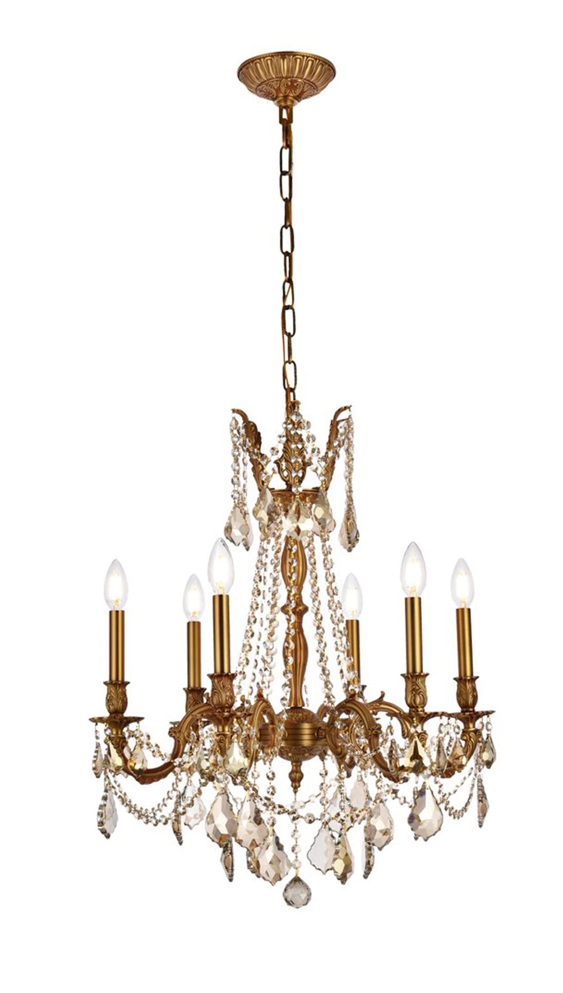Elegant Lighting 9206D23FG-GT/RC 6-Light Crystal Chandelier, 23in x 26in, French Gold Finish, Smoky Golden Teak Crystals