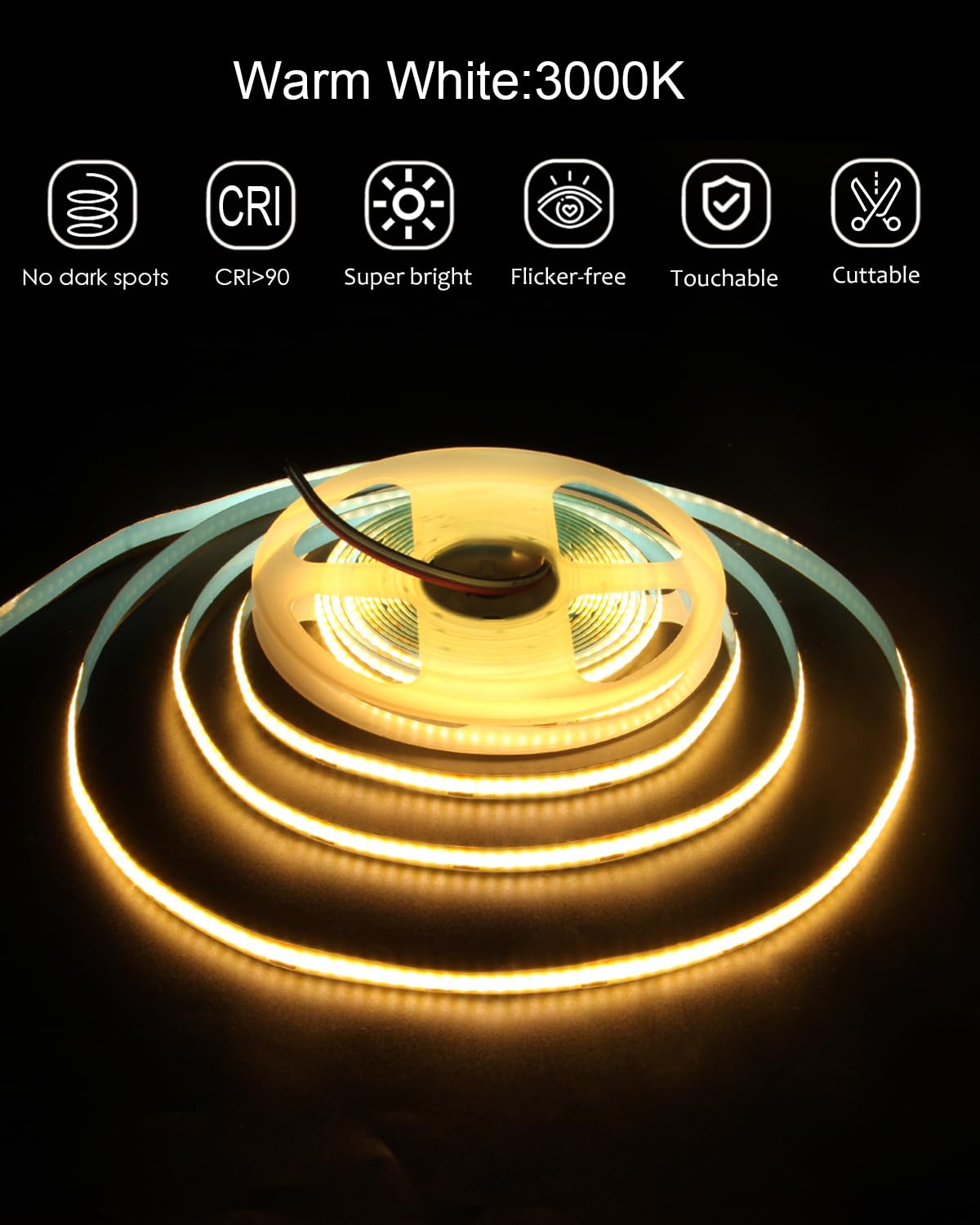 Alitove 16.4Ft Cob Warm White Led Strip Lights 12V 8Mm 1600 Leds High Density Led Tape Light Cri>90 Uniform Glow Diffused Cob Le