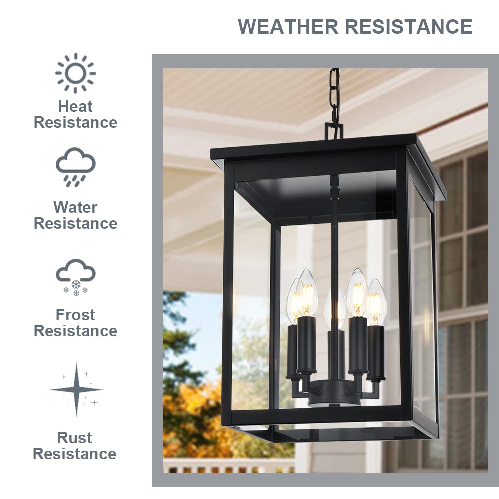 Winshen 5-Lights Large Outdoor Pendant Light Fixtures, Black Exterior Hanging Porch Light With Adjustable Chain & Clear Glass, W
