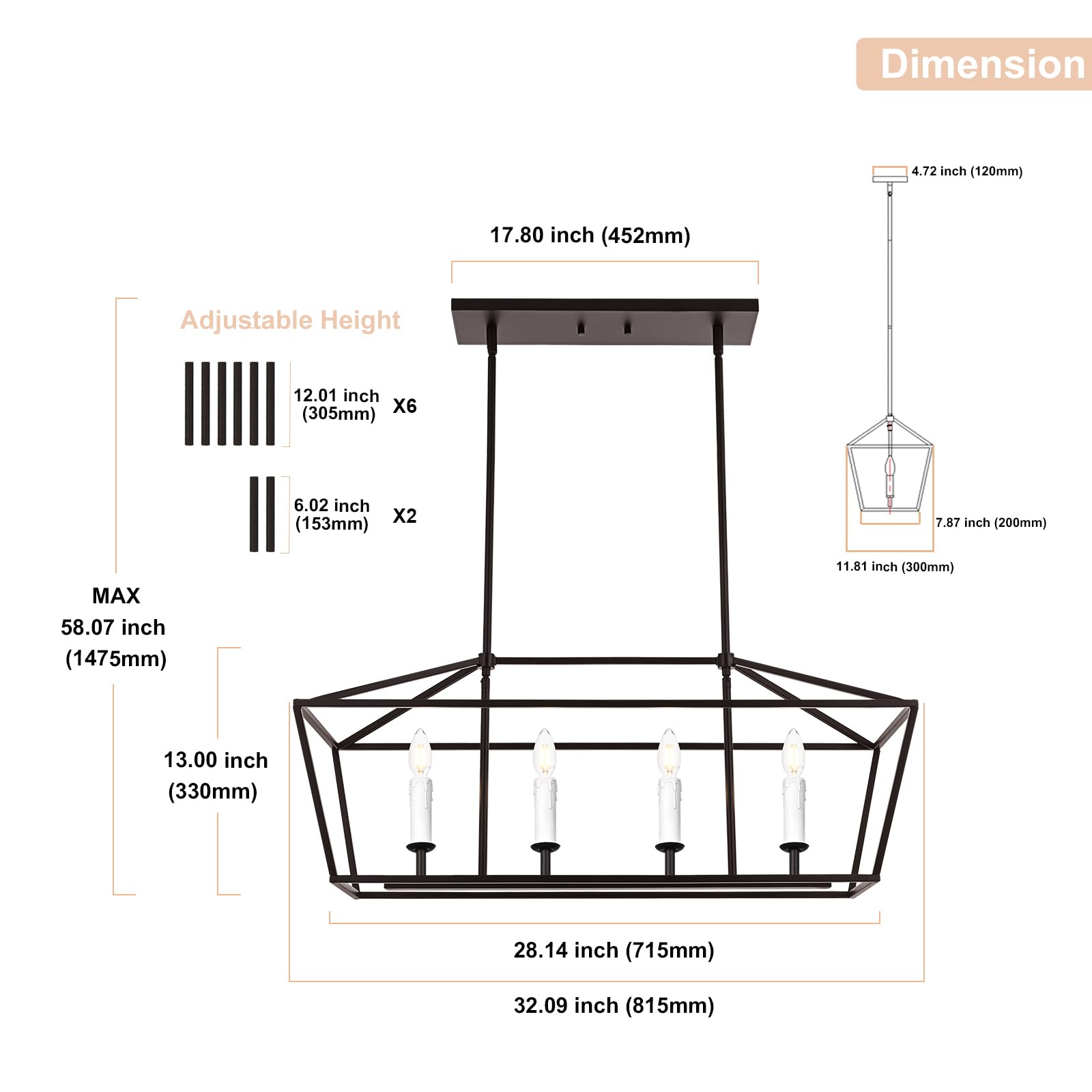 Winshen 4-Light Kitchen Island Pendant Lighting Fixture  Farmhouse Dining Room Chandelier Over Table  Oil Rubbed Bronze & E12 Bulb Base