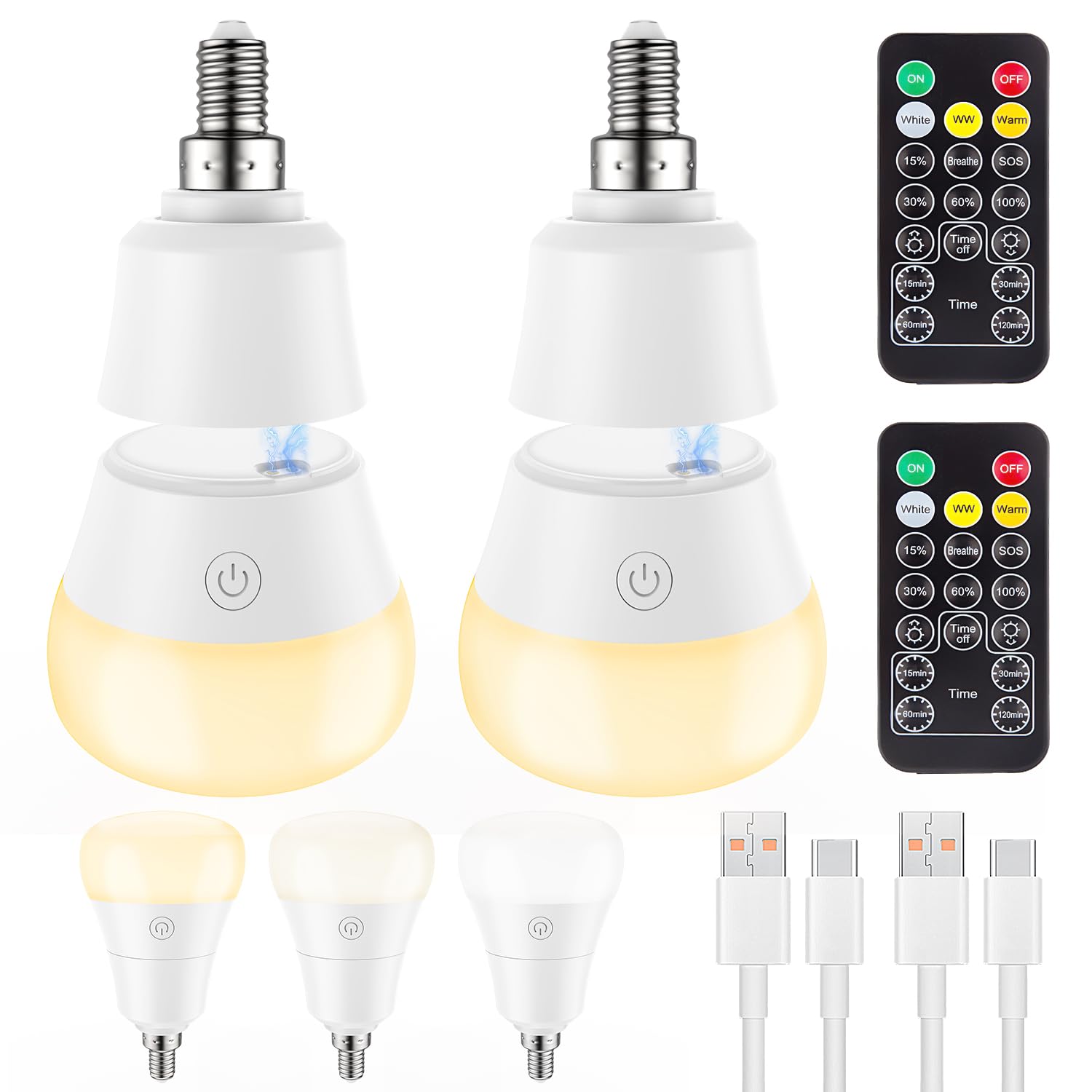 SCOPOW Magnetic Rechargeable Light Bulb with Remote, E12, Warm Yellow, 3 Color Temperatures, Dimmable, Model T888, 2 Pack