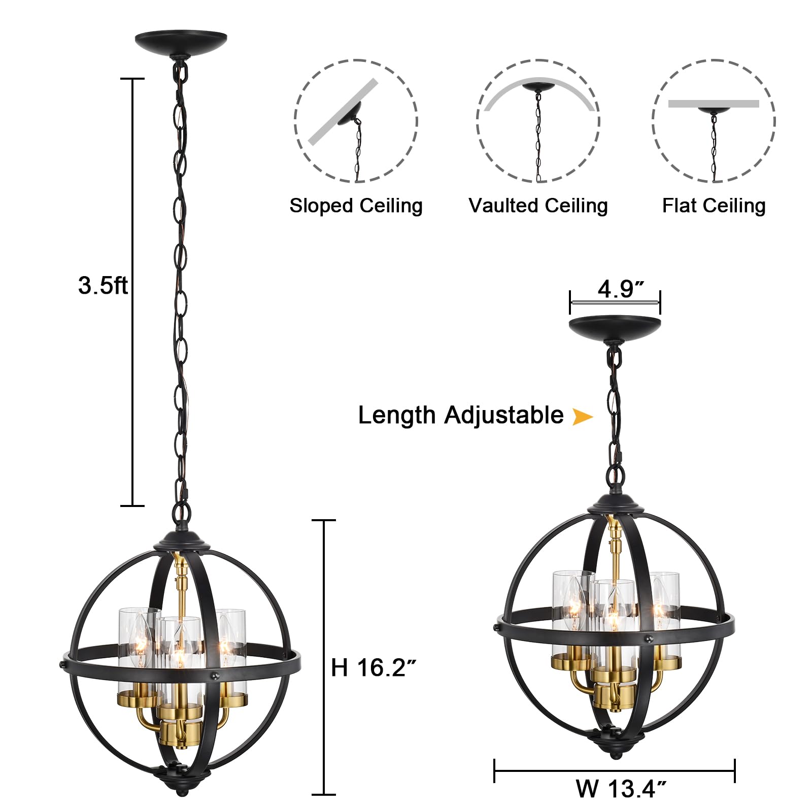 Treekee Rustic Chandelier, 14" Black and Gold 3-Light Pendant Light for Kitchen, Dining Room, Living Room, Iron Construction