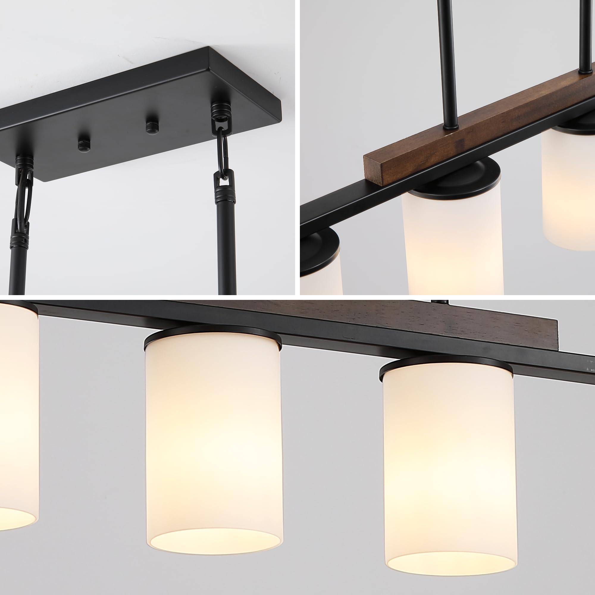Mecgirn 4 Light Linear Chandelier - Black Pendant Light with Milk Glass Shade for Dining Room & Kitchen Island, Model D0016-4-M