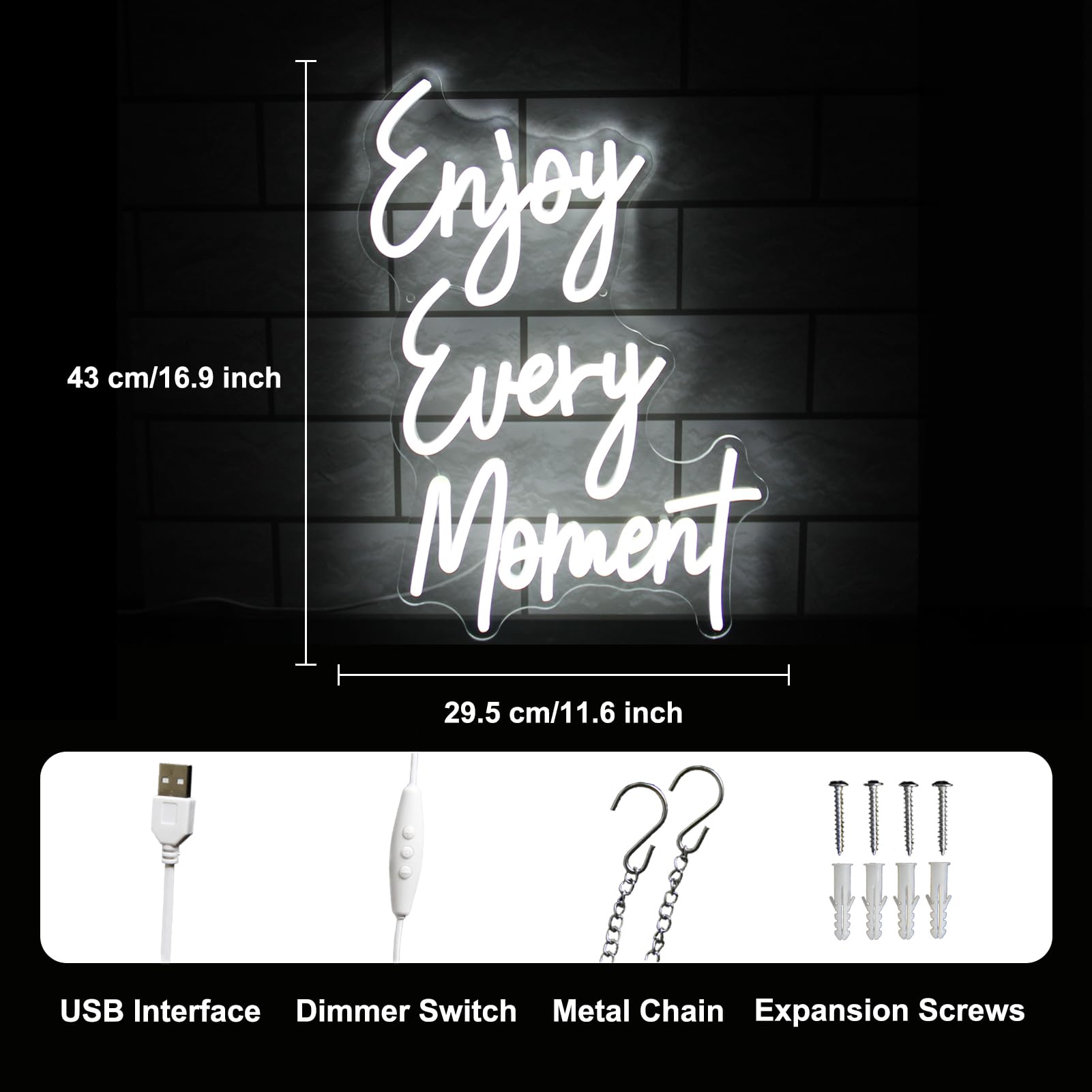 Kullneon Neon Light Sign - Enjoy Every Moment - White Plastic - 16.9inx11.6in for Bedroom, Bar, Restaurant, Party Decor