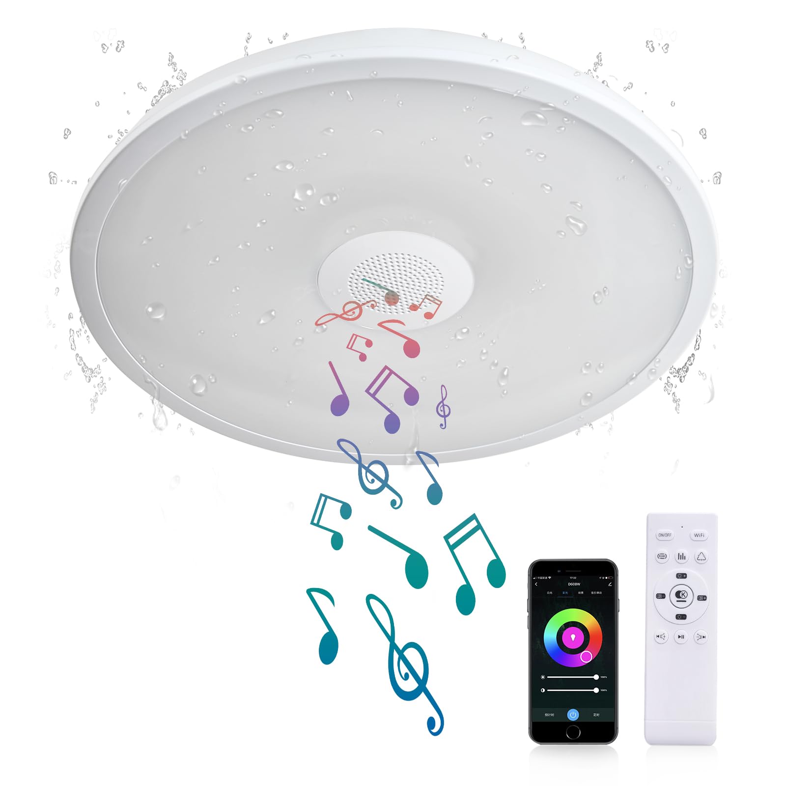 ASALL Smart Waterproof LED Ceiling Light Fixture,11 inch 18W,with Bluetooth Speaker,RGB Color Changing function-2700k-6500k Dimm