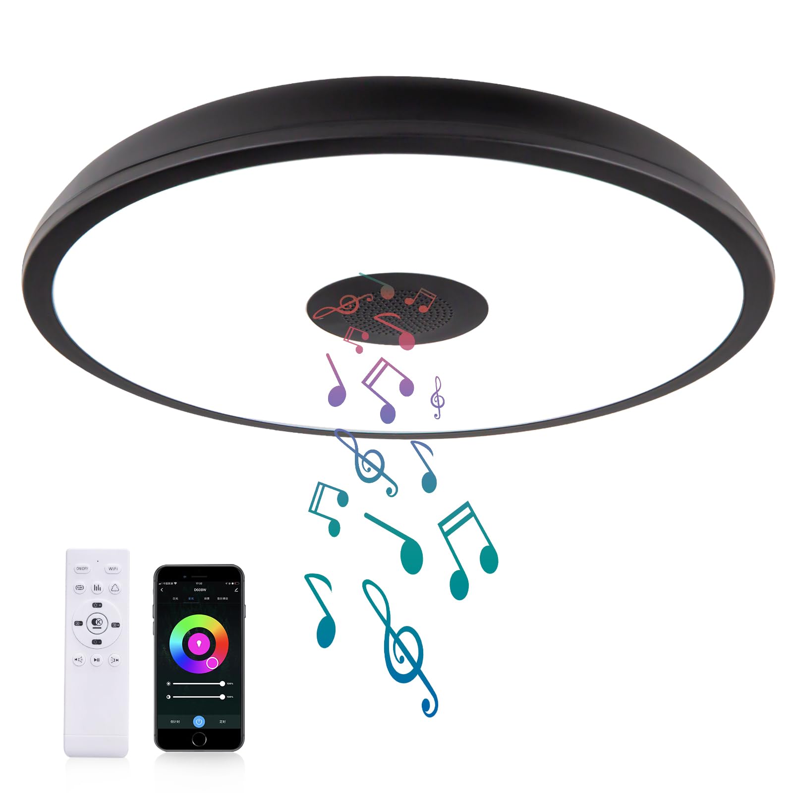 ASALL Black Smart Waterproof LED Ceiling Light Fixture,18W,with Bluetooth Speaker,RGB Color Changing function-2700k-6500k Dimmab
