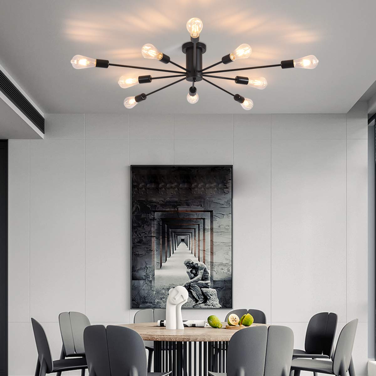 Garwarm Semi Flush Mount Ceiling Light 10-Light Black Sputnik Chandelier Model 8080-10 Metal Fixture for Kitchen Dining Room