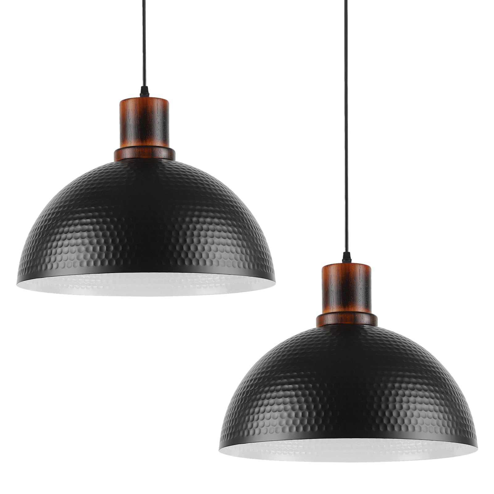 Mgcanyu 2 Pack Solid Wood Pendant Lights 16 Hammered Metal Black Finish Hanging Lighting Modern Lamp Industrial Dome Ceiling Light Fixtures For Kitchen Island Farmhouse Dining Room