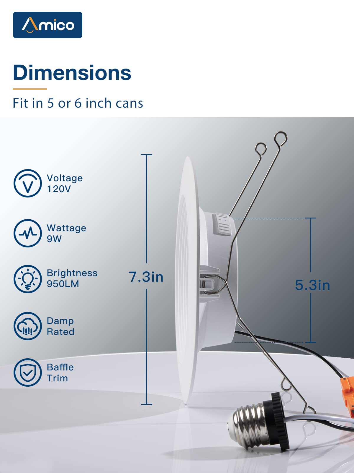 Amico LED Recessed Lighting 20 Pack, 5CCT Dimmable, 12.5W, Damp Rated, Baffle Trim, Selectable 2700K-6000