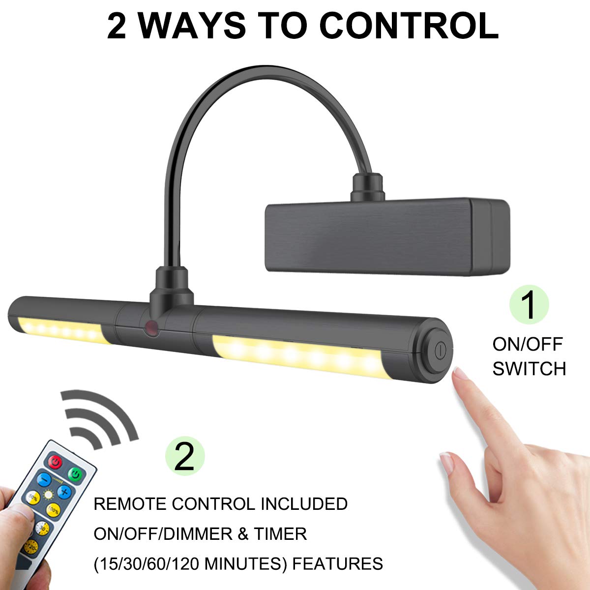LUXSWAY Wireless Picture Light with Remote, 8.9" Battery-Operated, 3 Brightness Modes, F Black, DY602YW-black