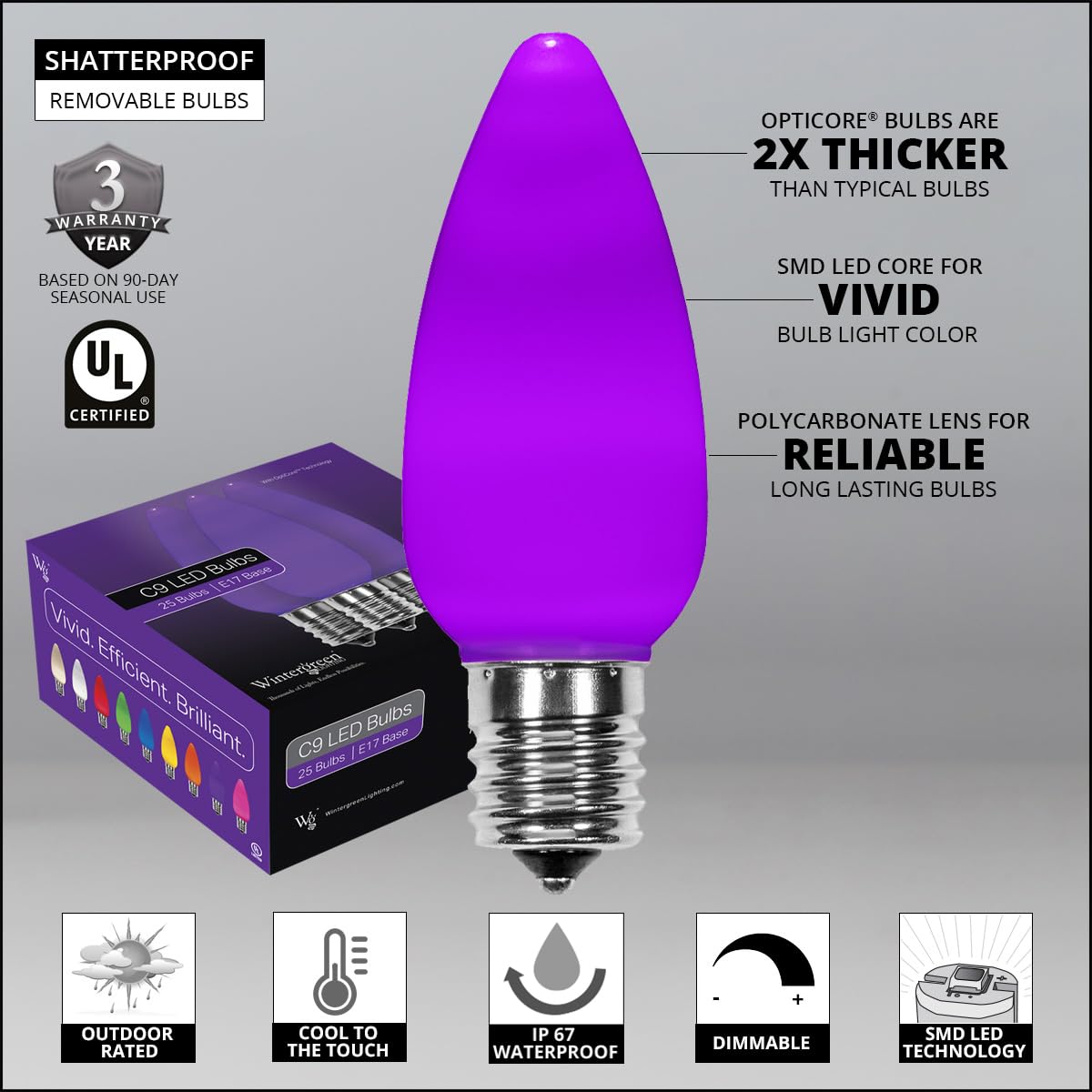 Wintergreen Lighting Opticore 25 Count C9 Purple Smooth Finish Led Christmas Bulbs  enhanced Heavy Duty E17 Base Outdoor Christmas Lights Replacement Bulb  Halloween Decorations