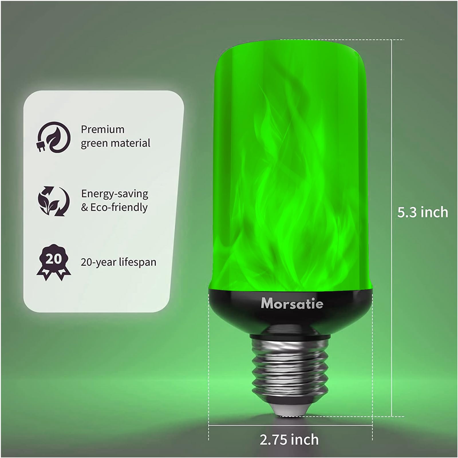 Morsatie LED Flame Light Bulbs, 4-Mode Flickering, E26, Green, 4 Pack