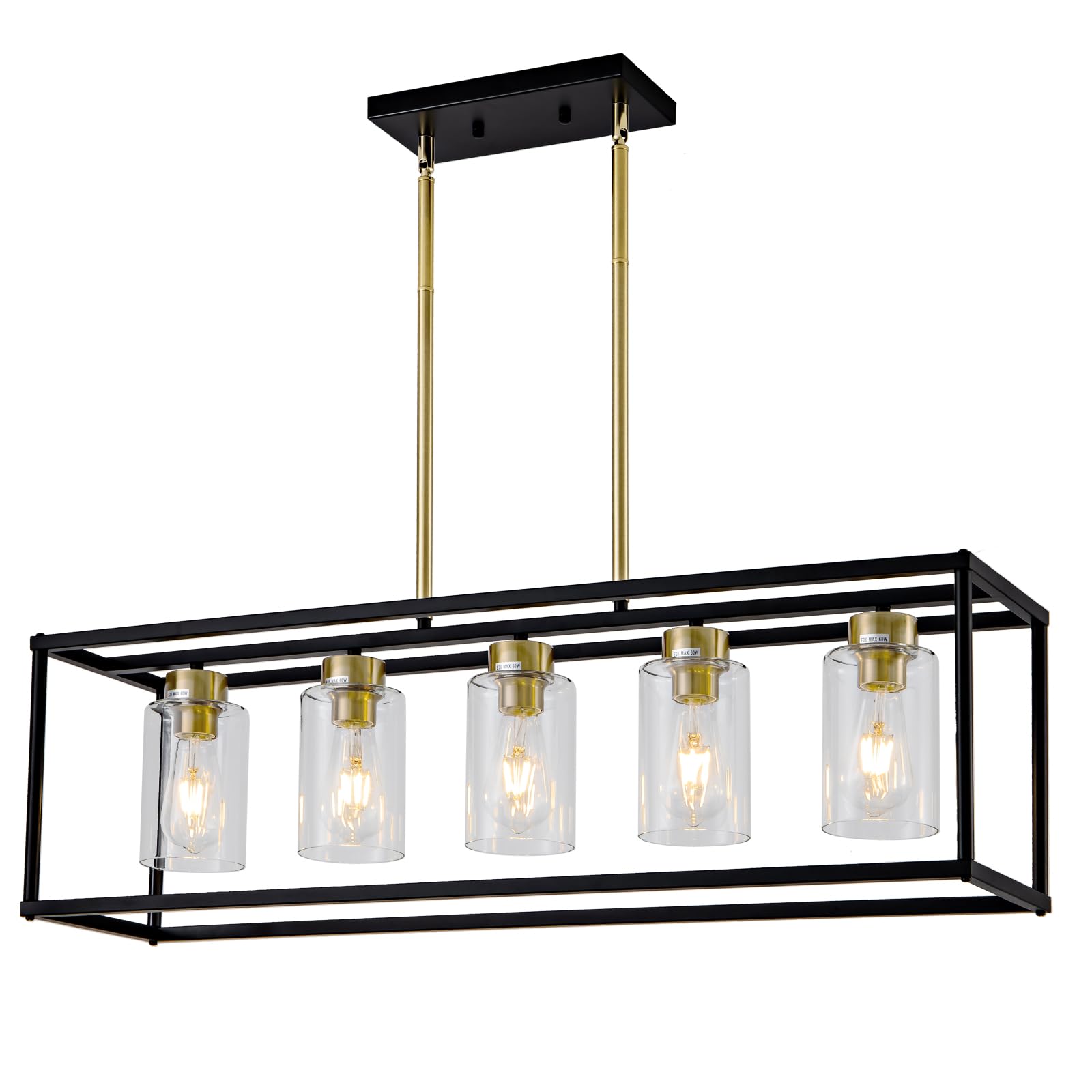 Hccz 5-Light Modern Farmhouse Chandelier, Black & Brushed Brass, Glass Shade, Kitchen Lighting