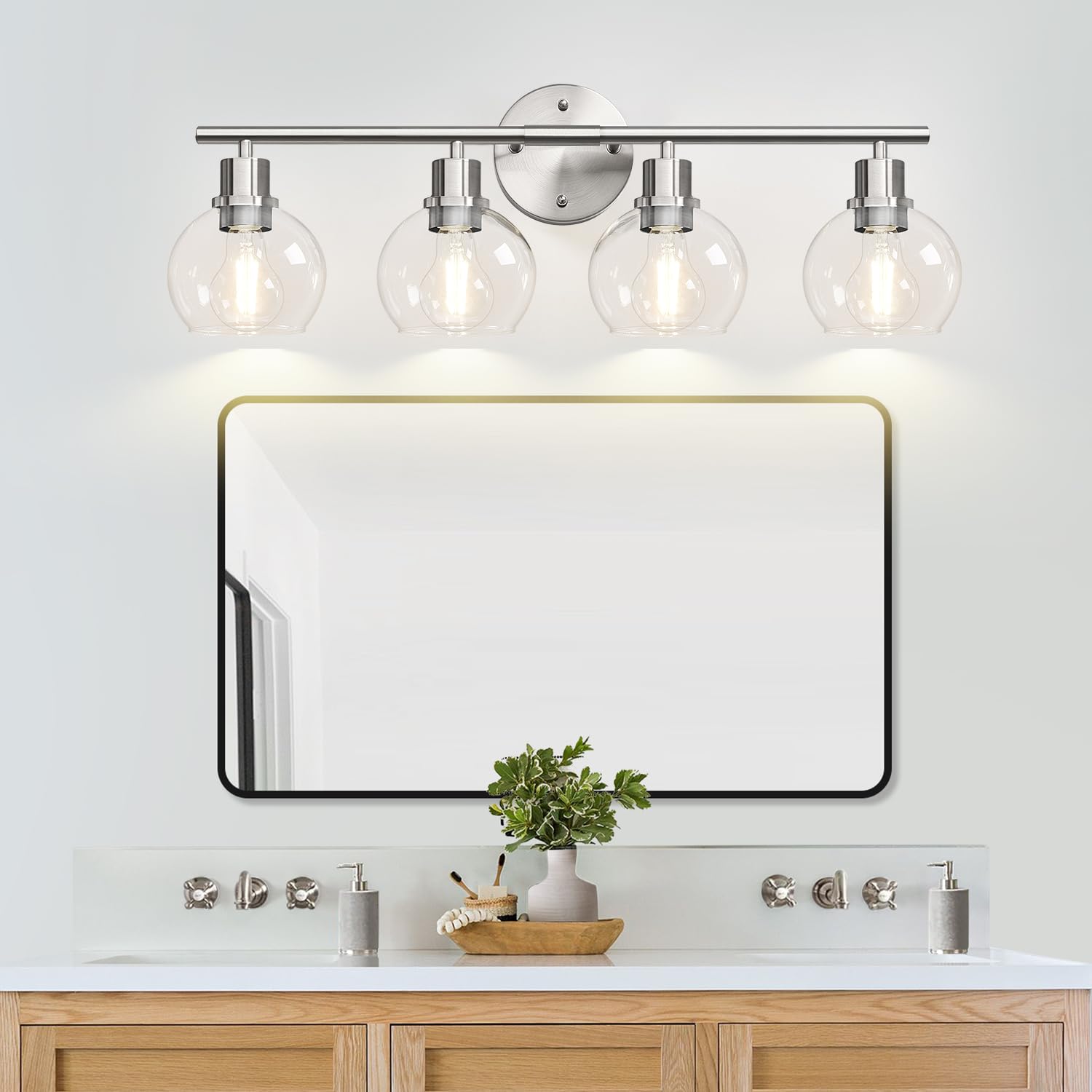Indoi 4-Light Bathroom Light Fixtures, Brushed Nickel Modern Vanity Lights Over Mirror With Clear Glass Globe Shade, Bathroom Wa