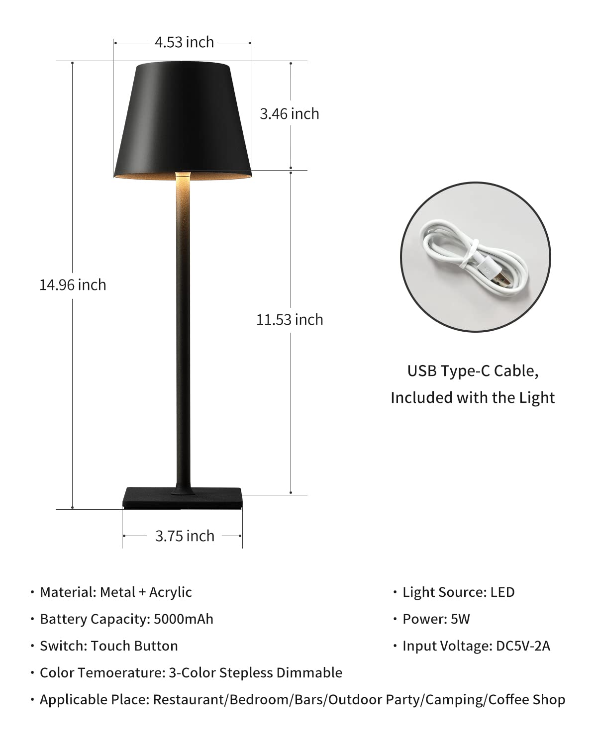 Kdg Cordless Led Table Lamp - 5000Mah, 3 Color Dimming, Portable Night Light For Home & Outdoor