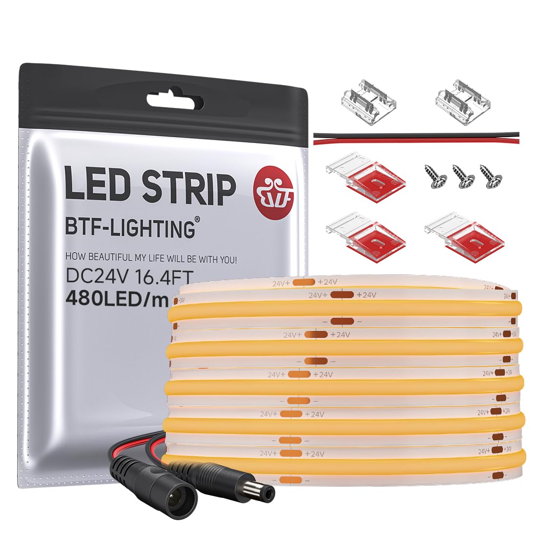 BTF-LIGHTING FCOB COB LED Strip Orange Color 480LED/m 16.4FT DC24V Flexible High Density Uniform Light 8mm Width Bright Dimmable