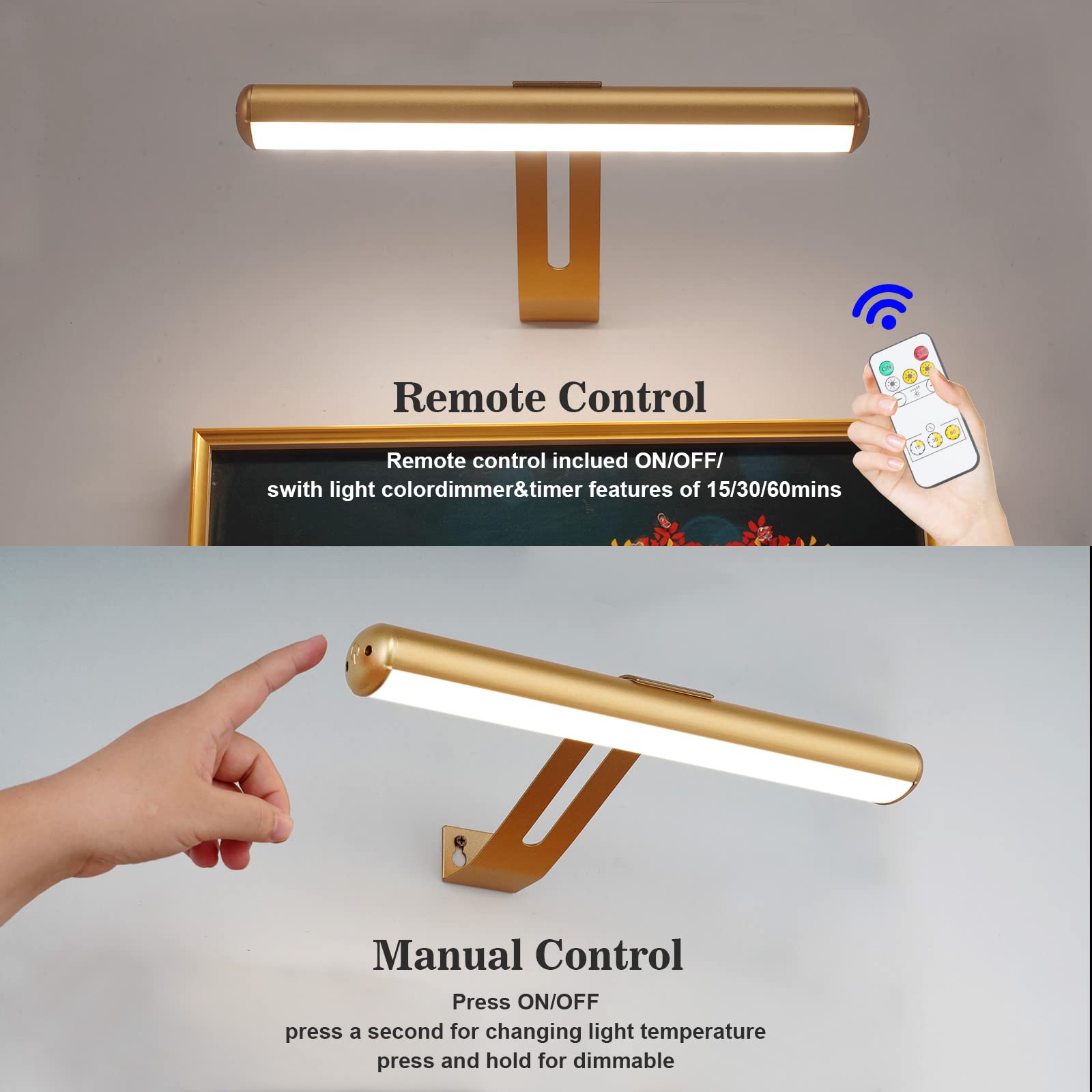 ZOCALOK Rechargeable Picture Light, 16 LEDs, 3 Modes, 300LM, Metal, Gold, Model Z22-PL-Gold, Cordless with 2 Remotes