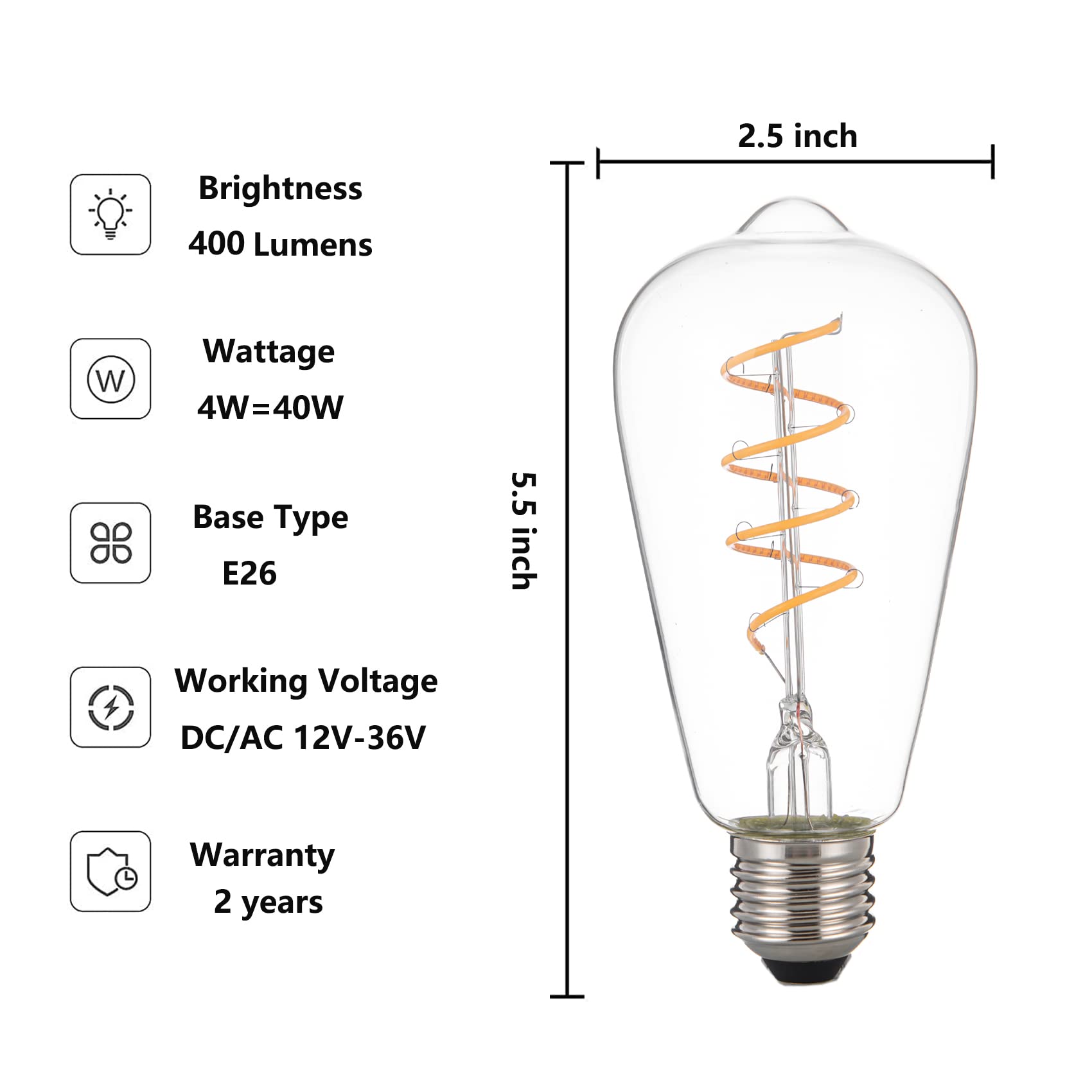 SHUWDKAR 12V LED Edison Bulbs E26 Medium Base 40W Equivalent, Low Voltage 4W Vintage Style Spiral LED 12V Light Bulb, Warm White