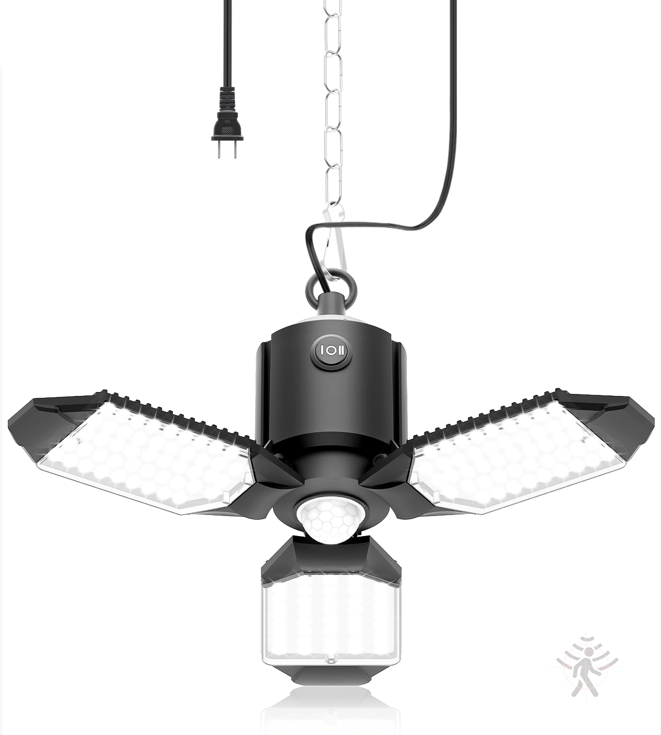 toberich Motion Sensor Garage Light Plug in, 8000LM Shop Light w/ 3 Modes, 3 Deformable LED Panels, 6500K Indoor Motion Sensor L