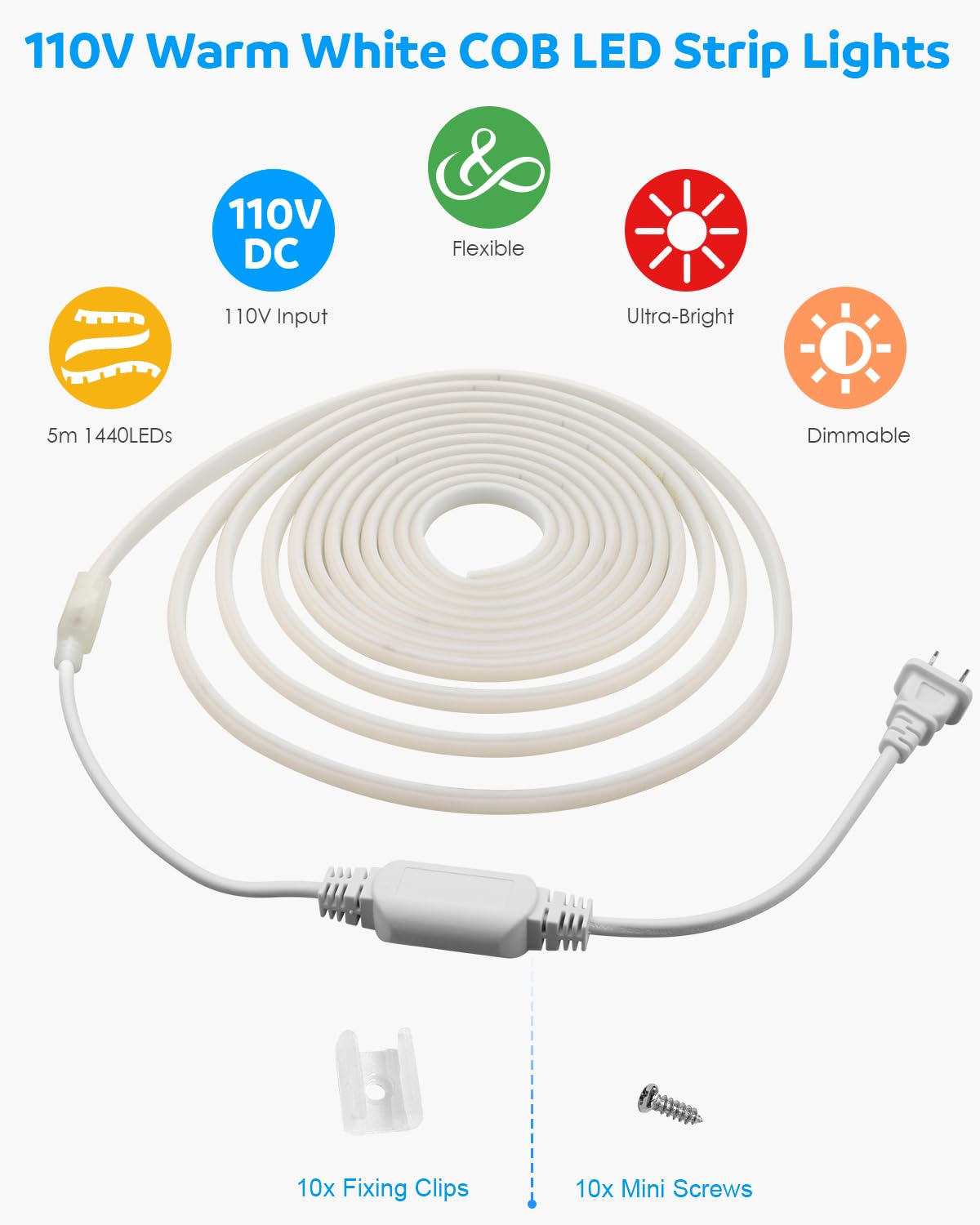 Aclorol 120V Cob Led Strip Lights 16.4Ft/5M Flexible Cob Led Lights 3000K Warm White Ac 110V-120V Led Flex Lights Strip Plug In