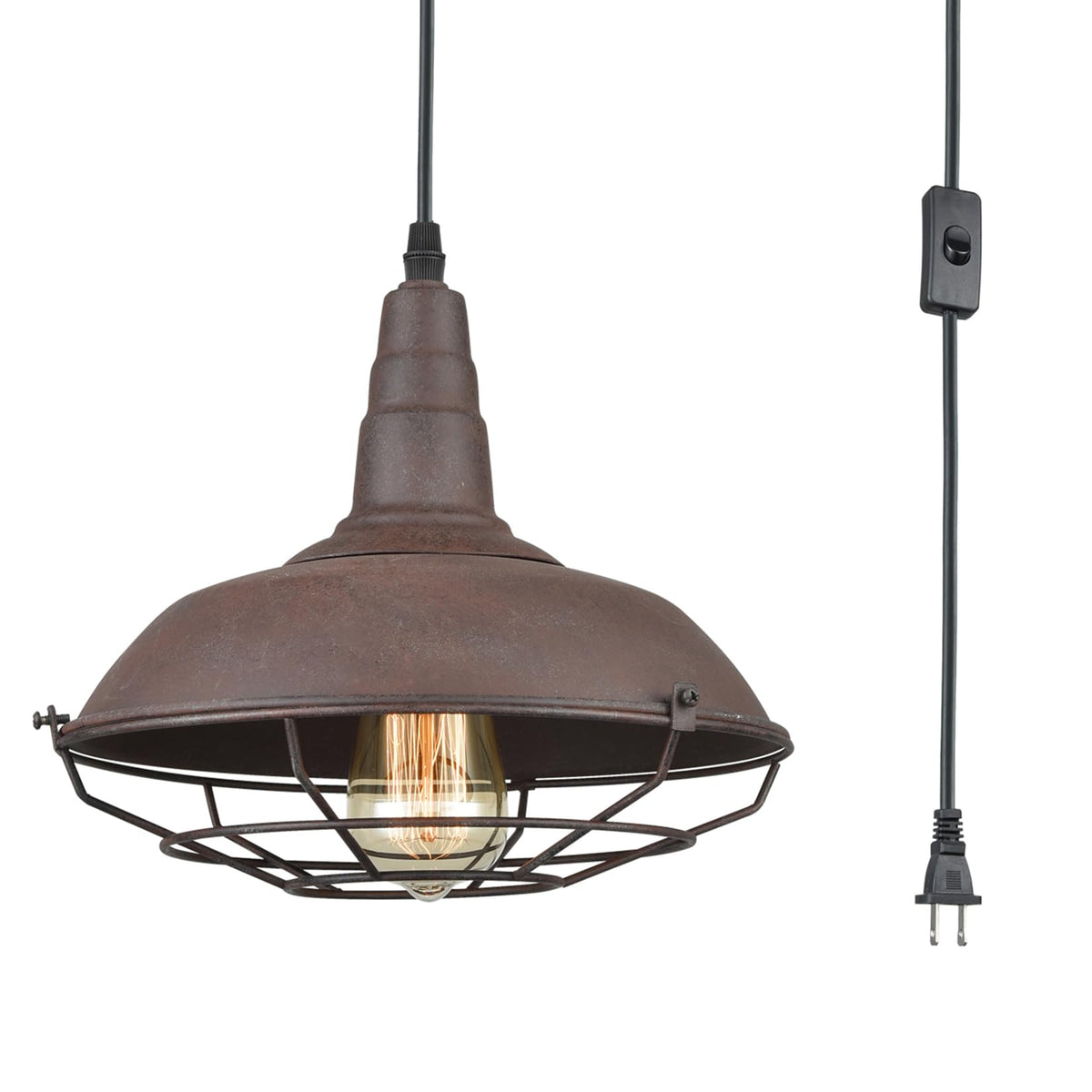Daycent Nautical Farmhouse Plug-In Pendant Light Barn Metal Wire Caged Swag Light Fixture With On/Off Switch On Plug-In Cord, Ru