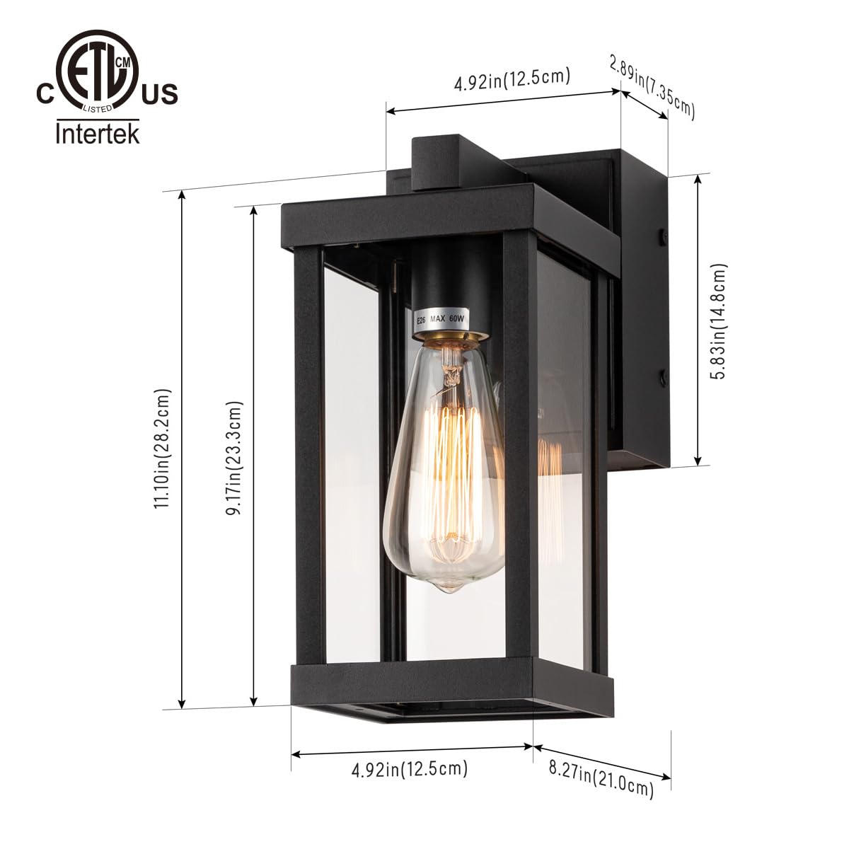mirrea 18" Classic Outdoor Wall Sconce - Matte Black Metal Frame, Clear Glass Shade, Built-in GFCI Outlet, Waterproof, Model BH012