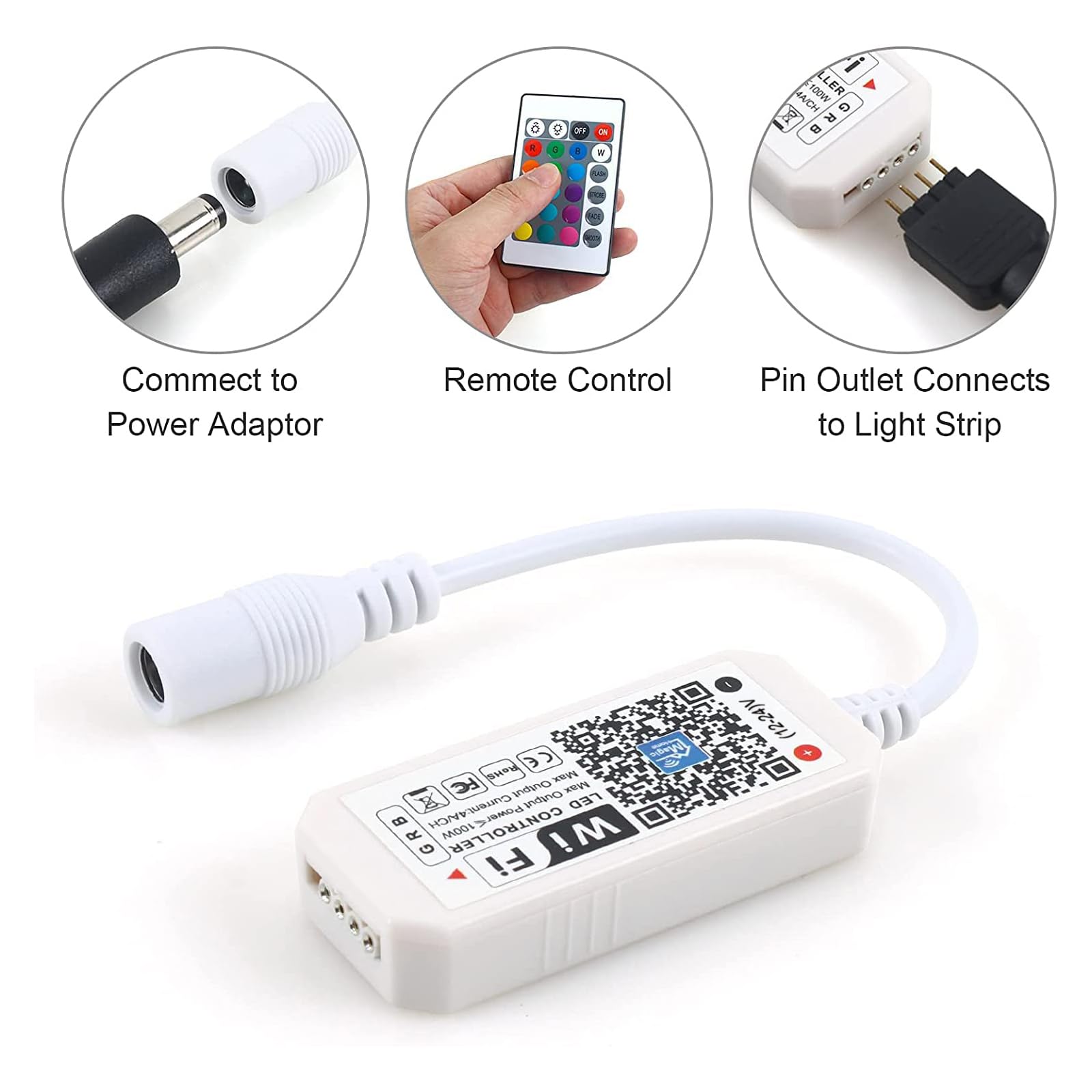 Rgbzone Wifi Rgb Led Controller, 24-Key Rf Remote, Dc 5V/12V/24V, For 5050 3528 5630 Led Strip Lights, Compatible With