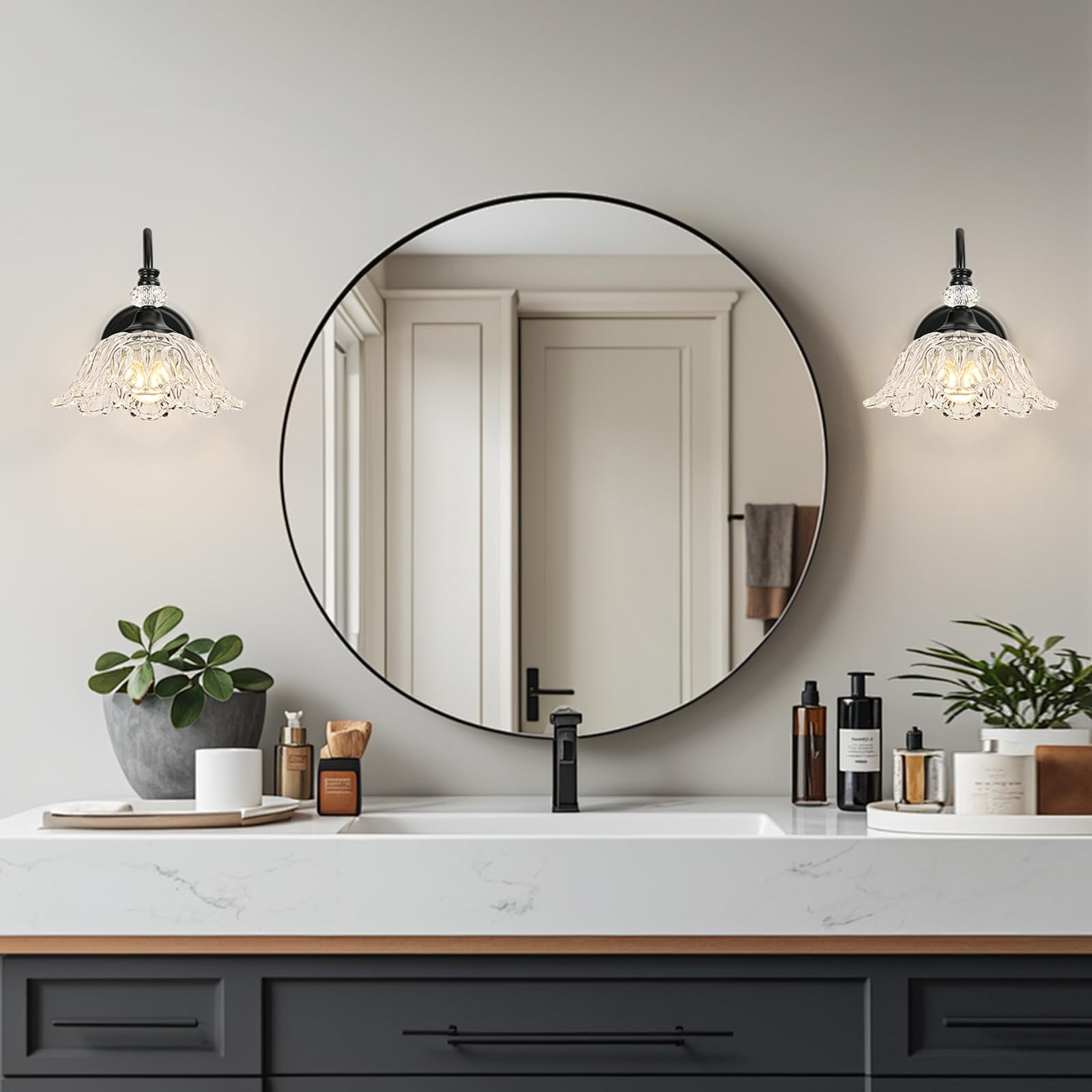 Sunkryster 1 Piece Black Wall Sconce With Floral Clear Glass Shade  Black Farmhouse Wall Mount Lighting For Bathroom Vintage Bathroom Vanity Light Fixture